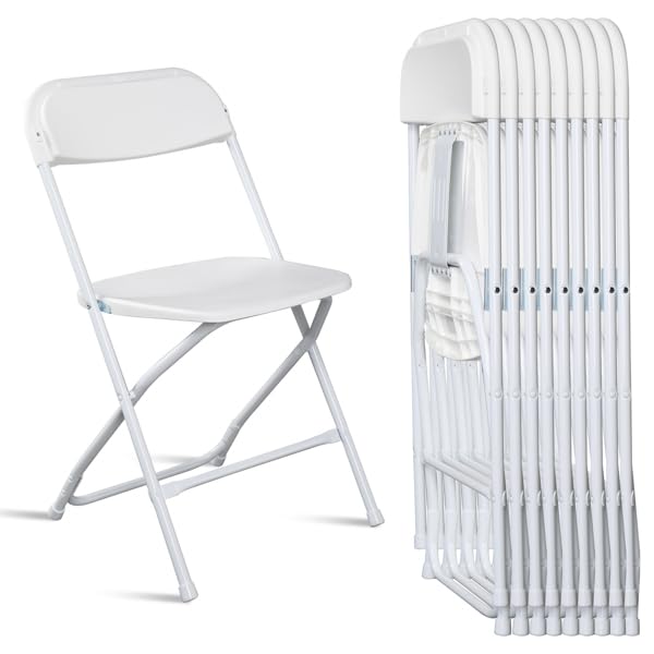10 Pack White Plastic Folding Chairs - Heavy Duty 350lbs Capacity, Steel Frame Portable Party Chairs for Indoor Outdoor Use - Perfect for Weddings, Events, Office, Home & Commercial Spaces