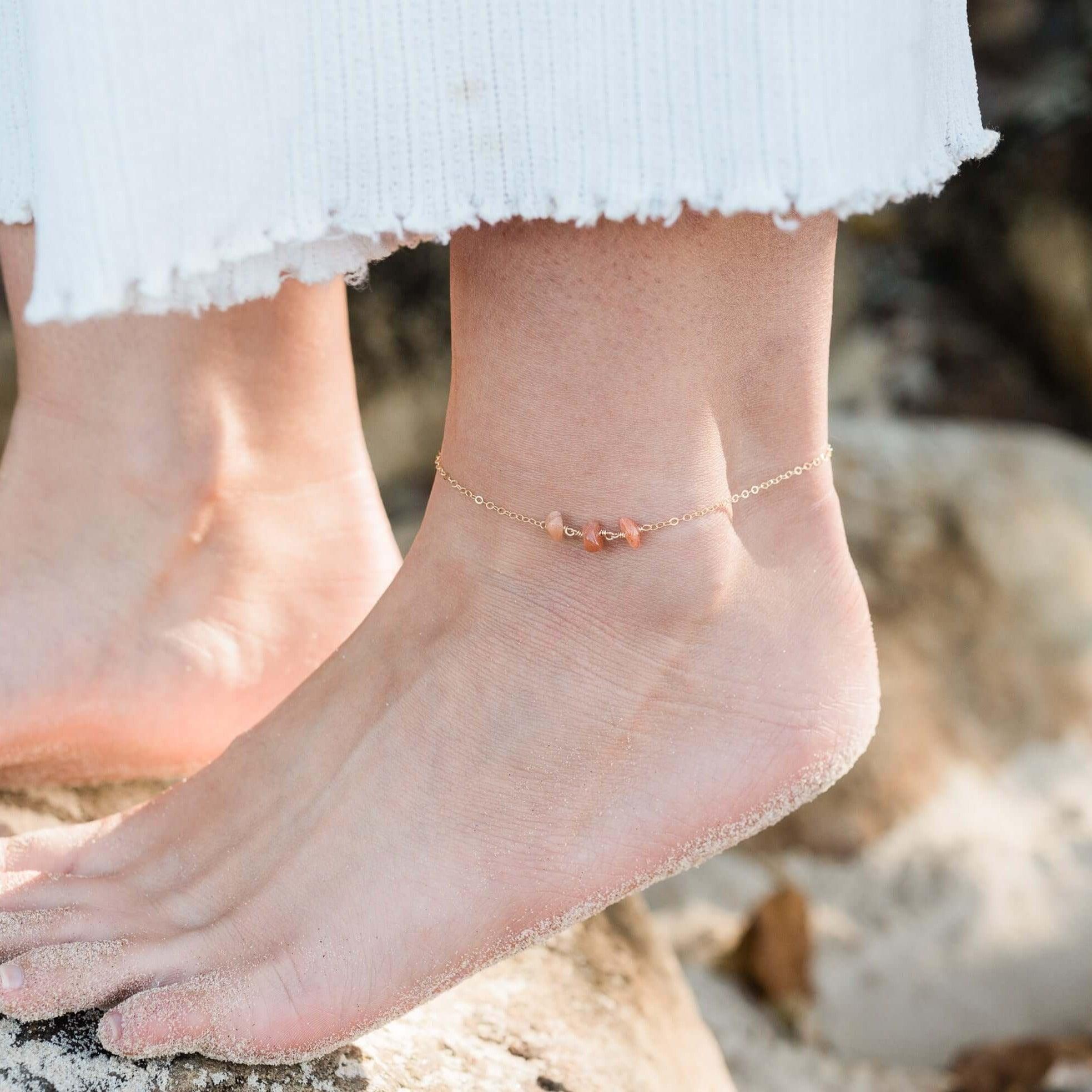 Sunstone Beaded Chain Anklet - Handmade Boho Ankle Bracelet for Women | Adjustable Crystal Jewelry for Summer Beach & Festival Outfits