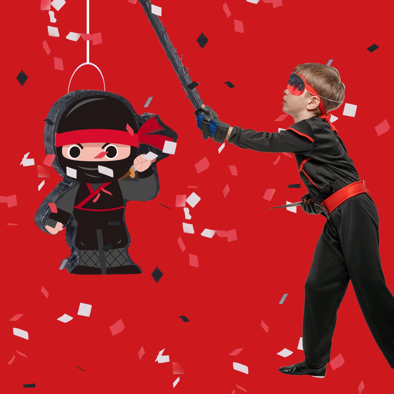 Ninja Piñata Mini Set with Blindfold, Bat & Filler - Fun Birthday Party Game for Kids, Boys, Girls & Adults - Perfect for Warrior Themed Parties, Halloween Celebrations & Festive Events