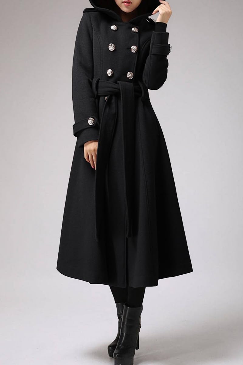 Cicy Bell Women's Long Double-Breasted Hooded Winter Wool Trench Coat with Belt - Warm Outerwear for Cold Weather, Office & Casual Wear