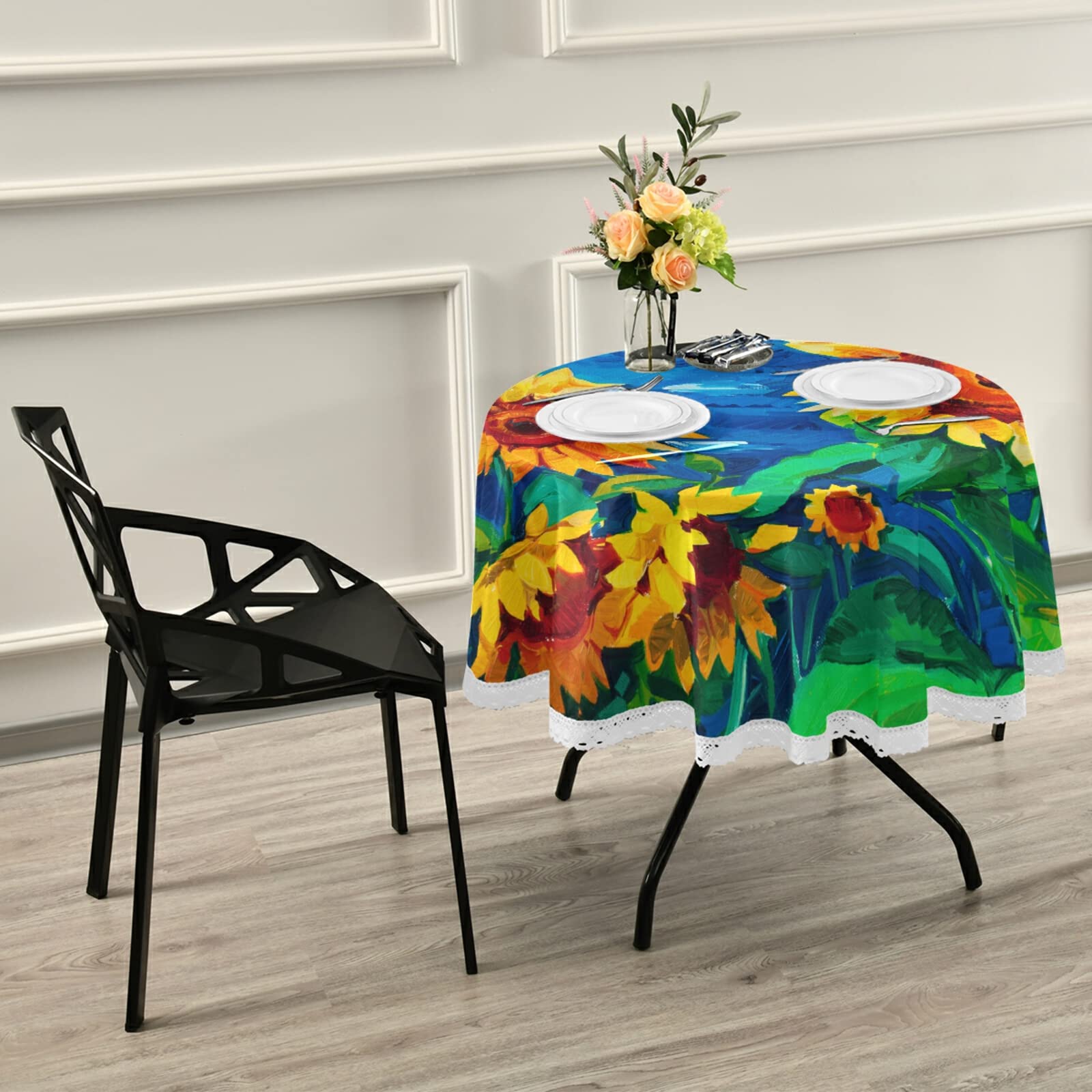 Van Gogh Sunflower Oil Painting Style Tablecloth - 60 Inch Round Washable Polyester Table Cover for Kitchen, Dining, Wedding, Party & Banquet | Reusable & Durable for Everyday Use & Special Occasions
