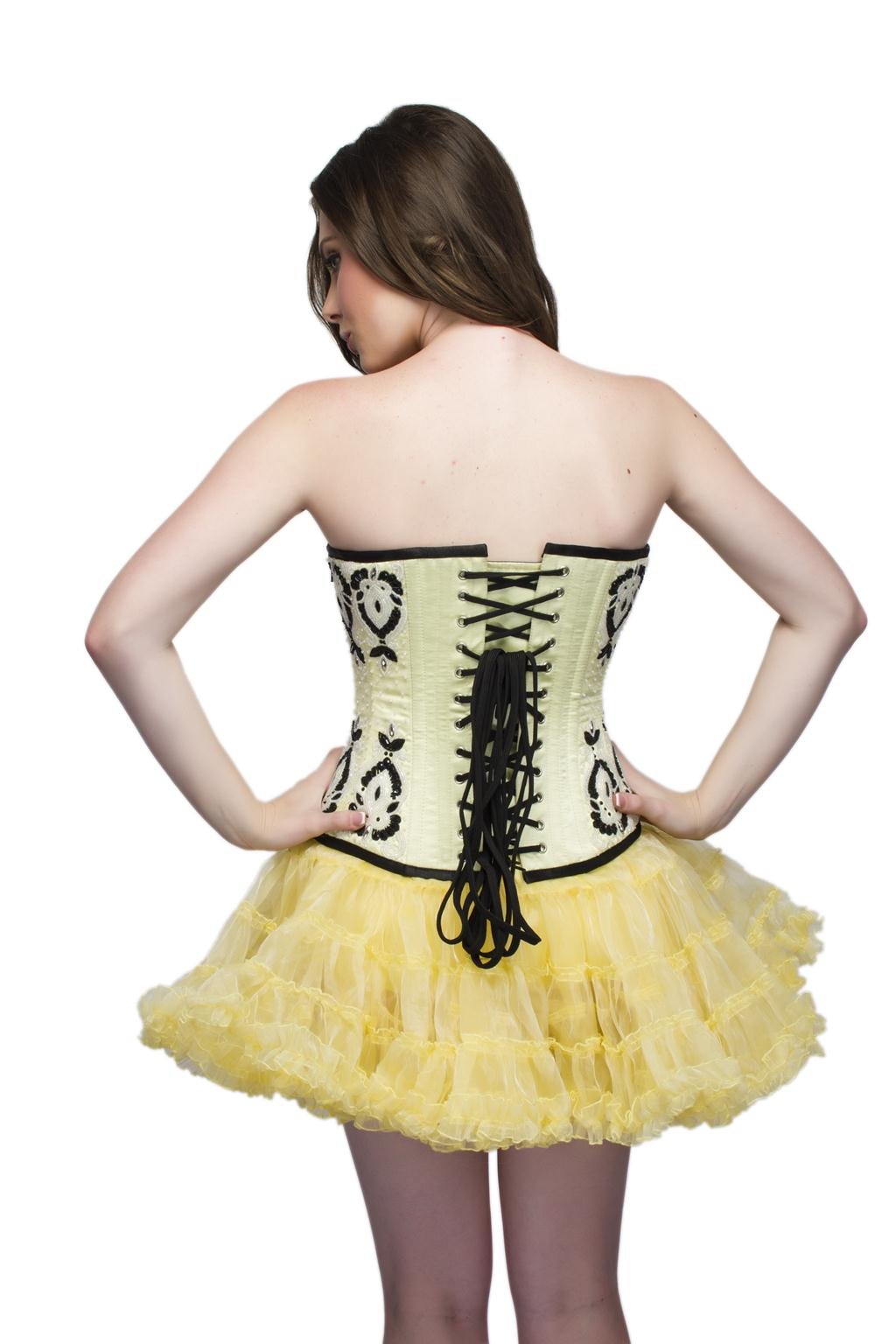 Gothic Burlesque Corset Dress with Yellow Satin & Black Sequins - Overbust Corset with Tutu Skirt for Halloween, Cosplay, and Burlesque Performances