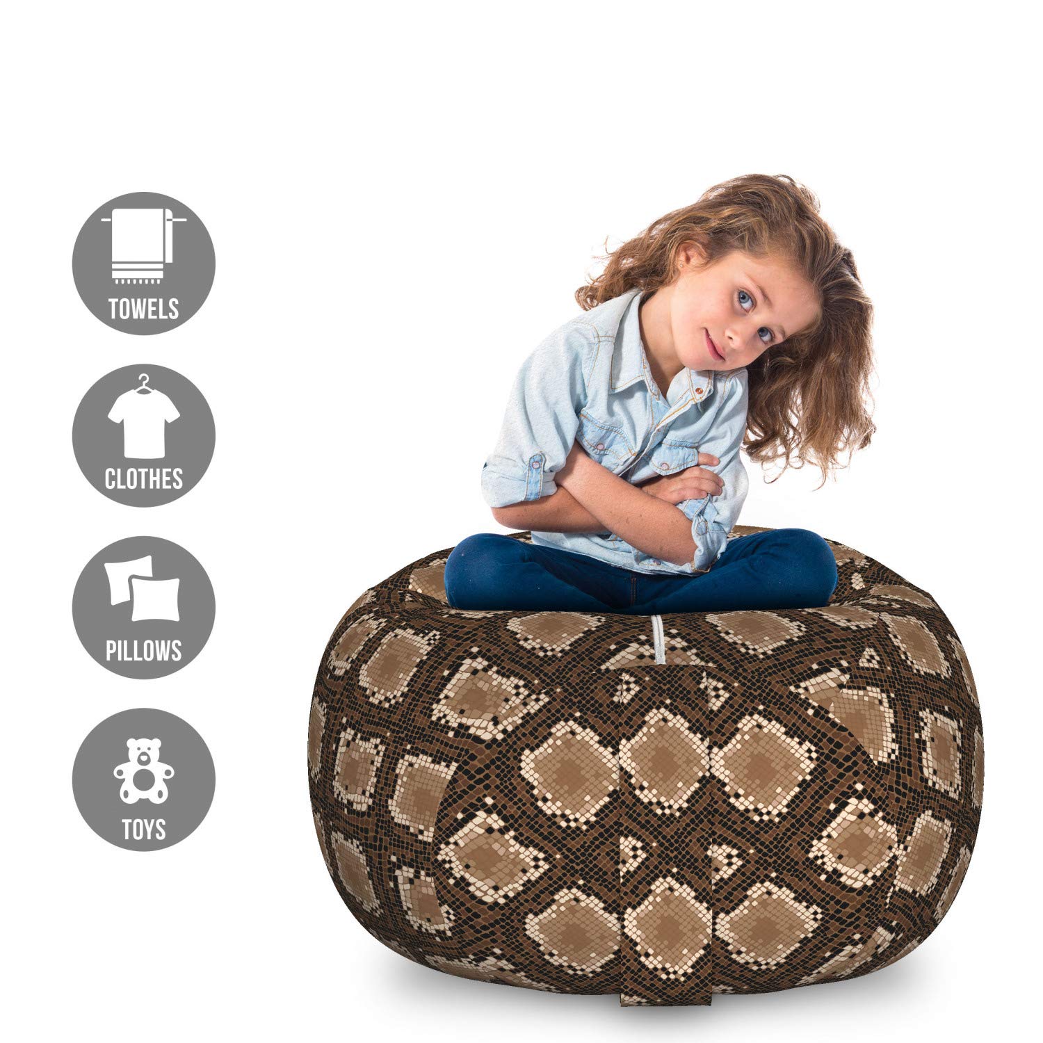 Ambesonne Large Washable Toy Storage Bag Chair with Snakeskin Print & Rhombus Motif - Abstract Wild Animal Graphic Stuffed Organizer in Taupe Mustard - Perfect for Kids' Room, Playroom & Nursery Organization