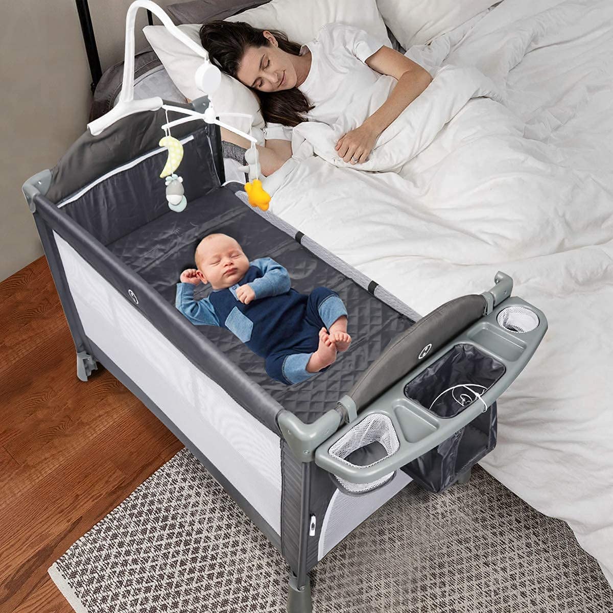 BANIROMAY Adjustable Height Baby Bassinet Bedside Sleeper with Mattress & Wheels - Portable Infant Crib for Nursery, Bedroom & Travel