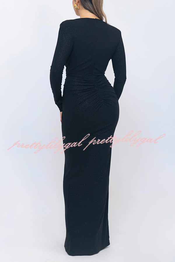 Elegant Solid Color Shiny V-Neck Long Sleeve Ribbon Slit Slim Fit Maxi Dress for Women - Perfect for Evening Parties, Date Nights & Special Occasions