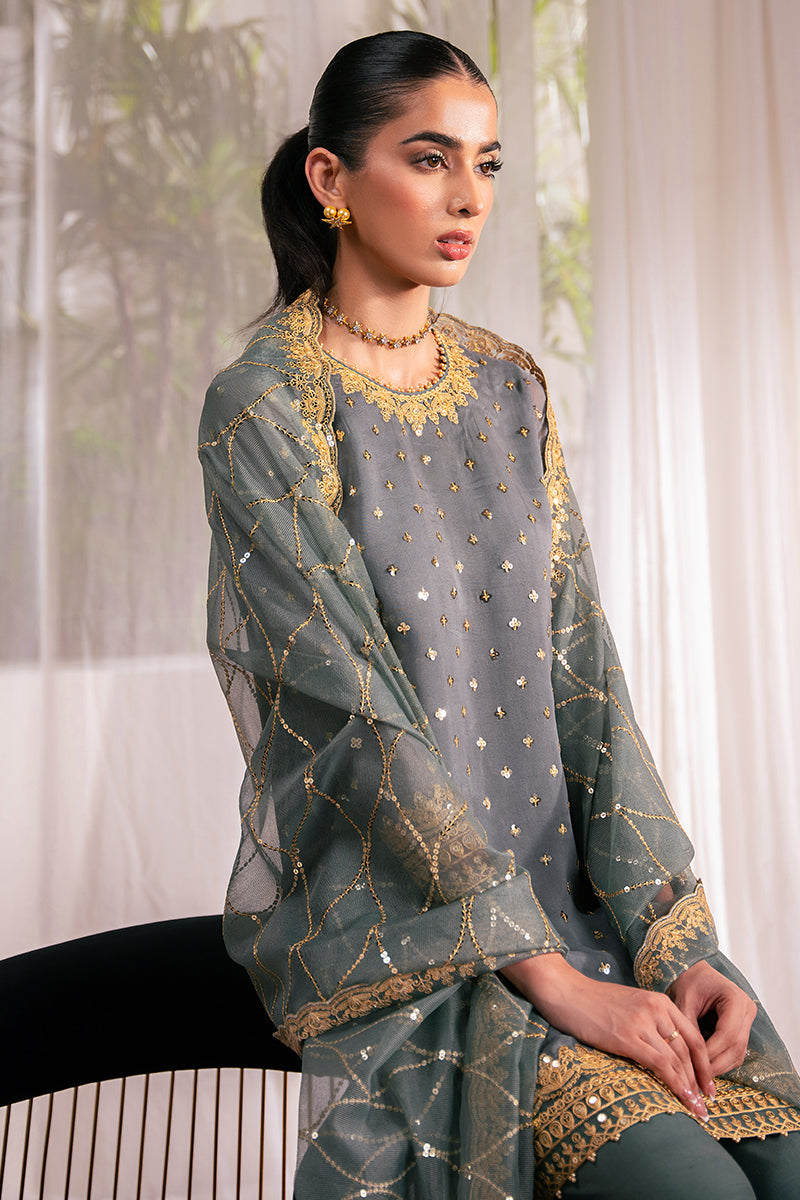 MALLARD GREEN 4-Piece Embroidered Chiffon Suit Set for Women - Elegant Party Wear & Special Occasion Outfit