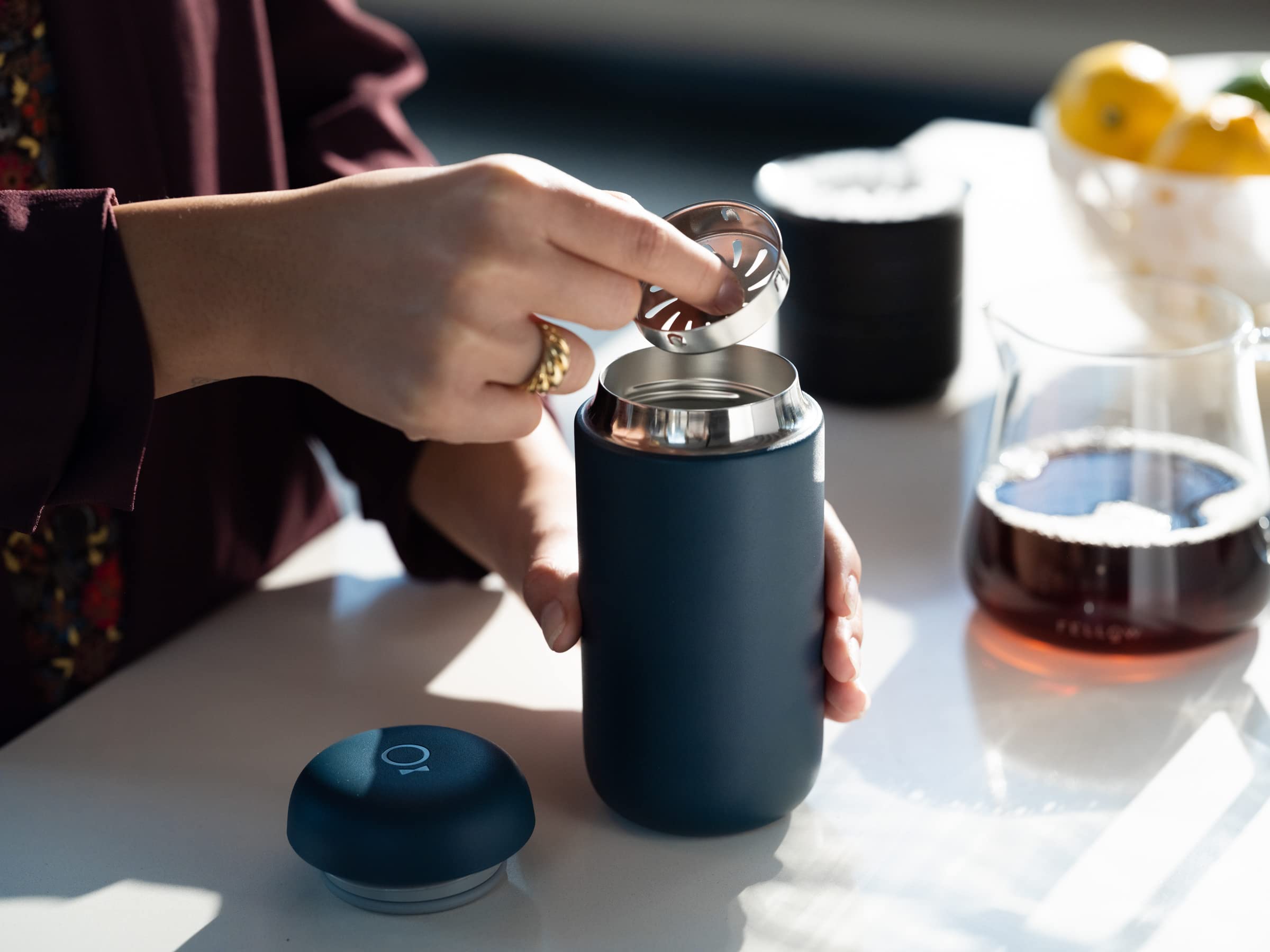 Fellow 16 oz Carter Move Travel Mug - Vacuum-Insulated Stainless Steel Coffee Tumbler with Ceramic Coating & Splash Guard - Stone Blue - Perfect for Commuting, Office & Outdoor Adventures