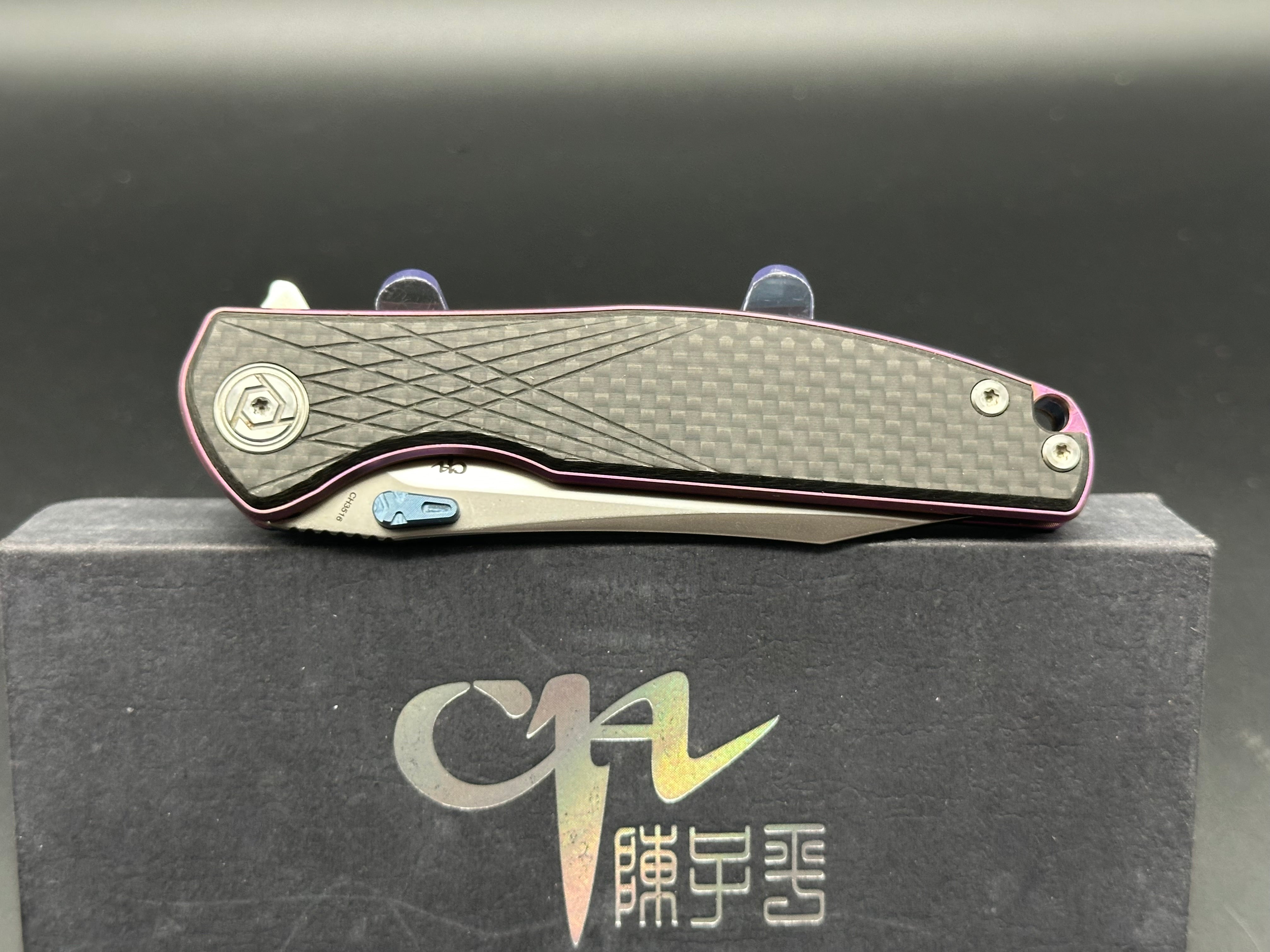 CH Knives CH3516 Folding Pocket Knife - S35VN Steel Blade, Purple Titanium Frame & Carbon Fiber Scales - EDC, Camping, Outdoor Survival Tool