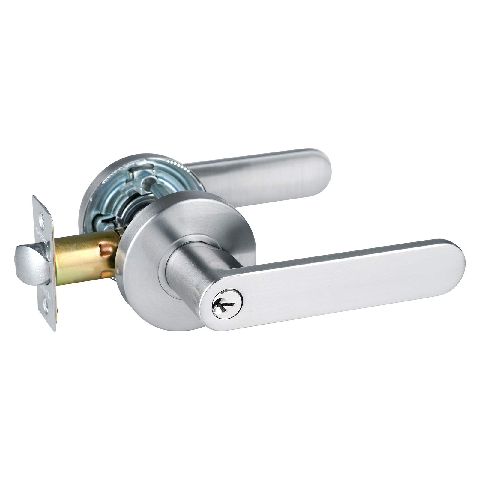Heavy Duty Entry Lever Door Handle Set - Satin Nickel Finish, Round Locking Lever (Left/Right Handed) - Classic Door Knob with Lock (HD8606SN-ET) - 1 Pack - Perfect for Home, Office & Commercial Security Doors