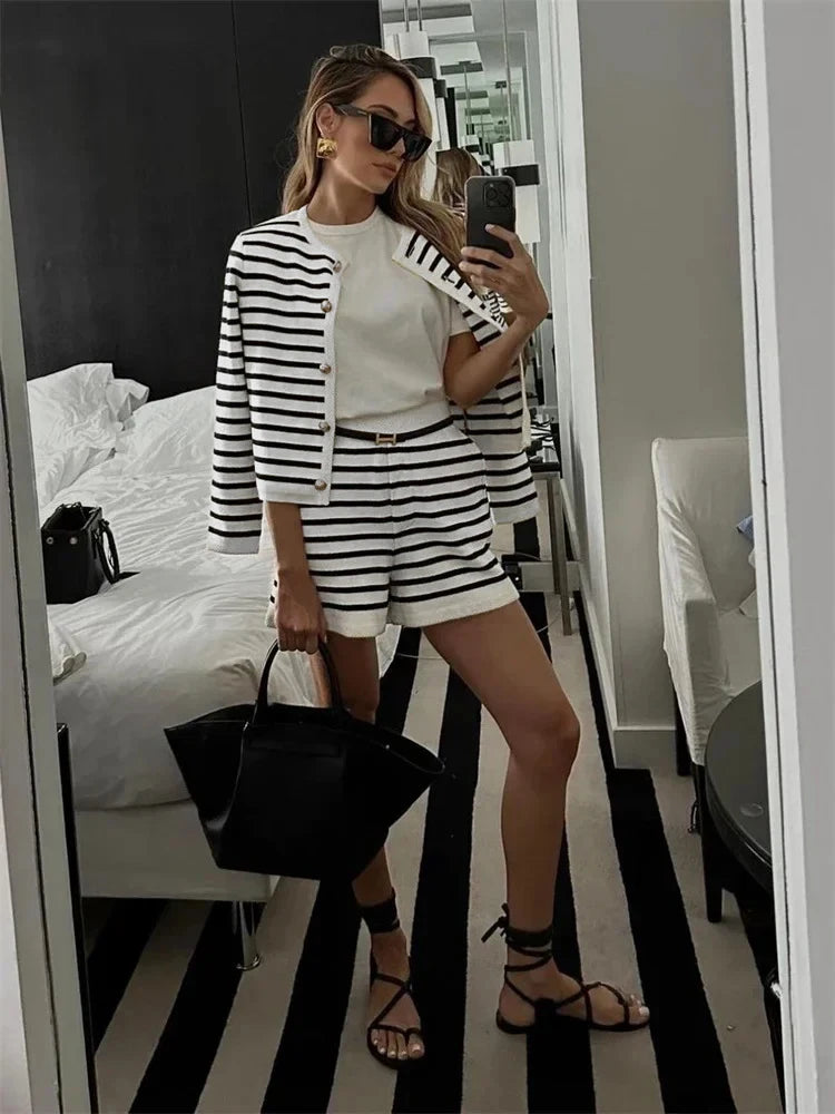 Women's Black and White Striped Sweater Cardigan & High Waist Shorts Set - Autumn Casual Outfit for Fall Fashion, Date Night, and Weekend Brunch