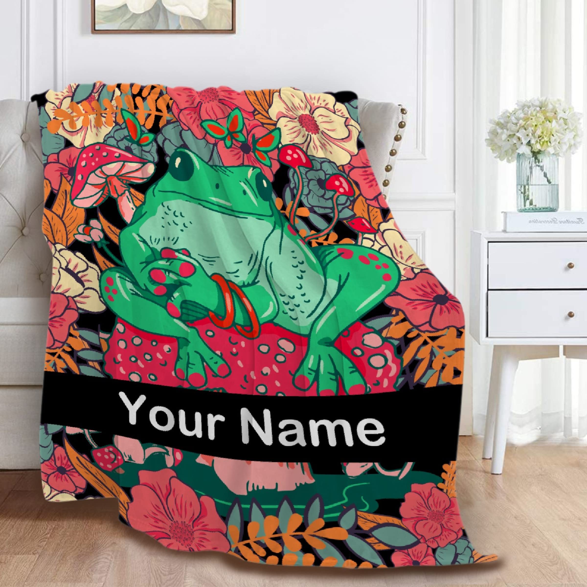 Anuruddha Personalized Flannel Blanket with Custom Name - Floral Frog & Mushroom Design - Extra Large 90x120 Inch Soft Cozy Throw Blanket for Couch, Bed, Sofa - Perfect Gift for Family, Friends, Valentine's Day & Housewarming