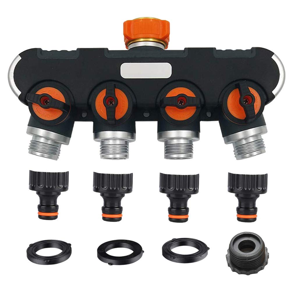 4-Way Water Splitter Connector - Heavy Duty Rubberized Garden Hose Distributor for Patio, Lawn & Garden Irrigation (Orange) - Perfect for Watering Multiple Plants, Sprinkler Systems & Outdoor Cleaning