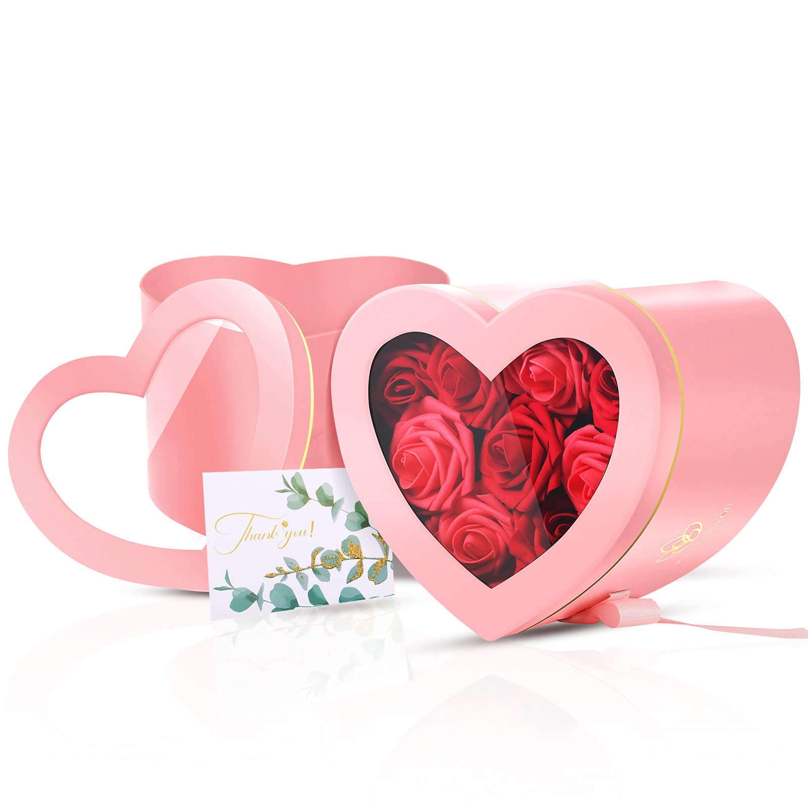 Heart Shaped Flower Gift Box with Lid - Double Layer Rotating Jewelry Box for Mother's Day, Valentine's Day & Birthday - Includes Paper Card & Raffia Bow - Perfect for Jewelry, Flowers & Romantic Gifts (Pink)
