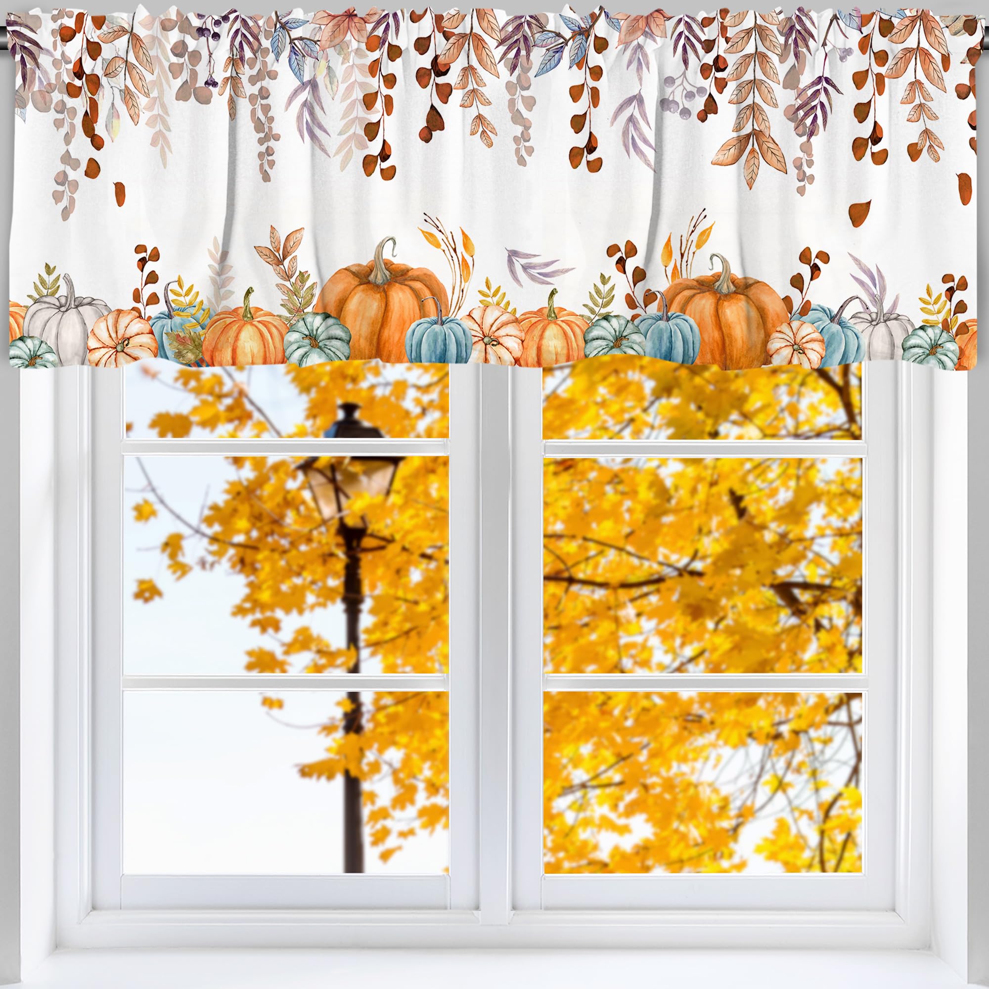 Orange Maple Leaf Pumpkin Curtain Valance - 54x18 Inch Fall Kitchen Decor with Rod Pocket for Small Windows | Thanksgiving Home Decor for Living Room & Bedroom | Seasonal Autumn Window Treatment for Cozy Home Atmosphere