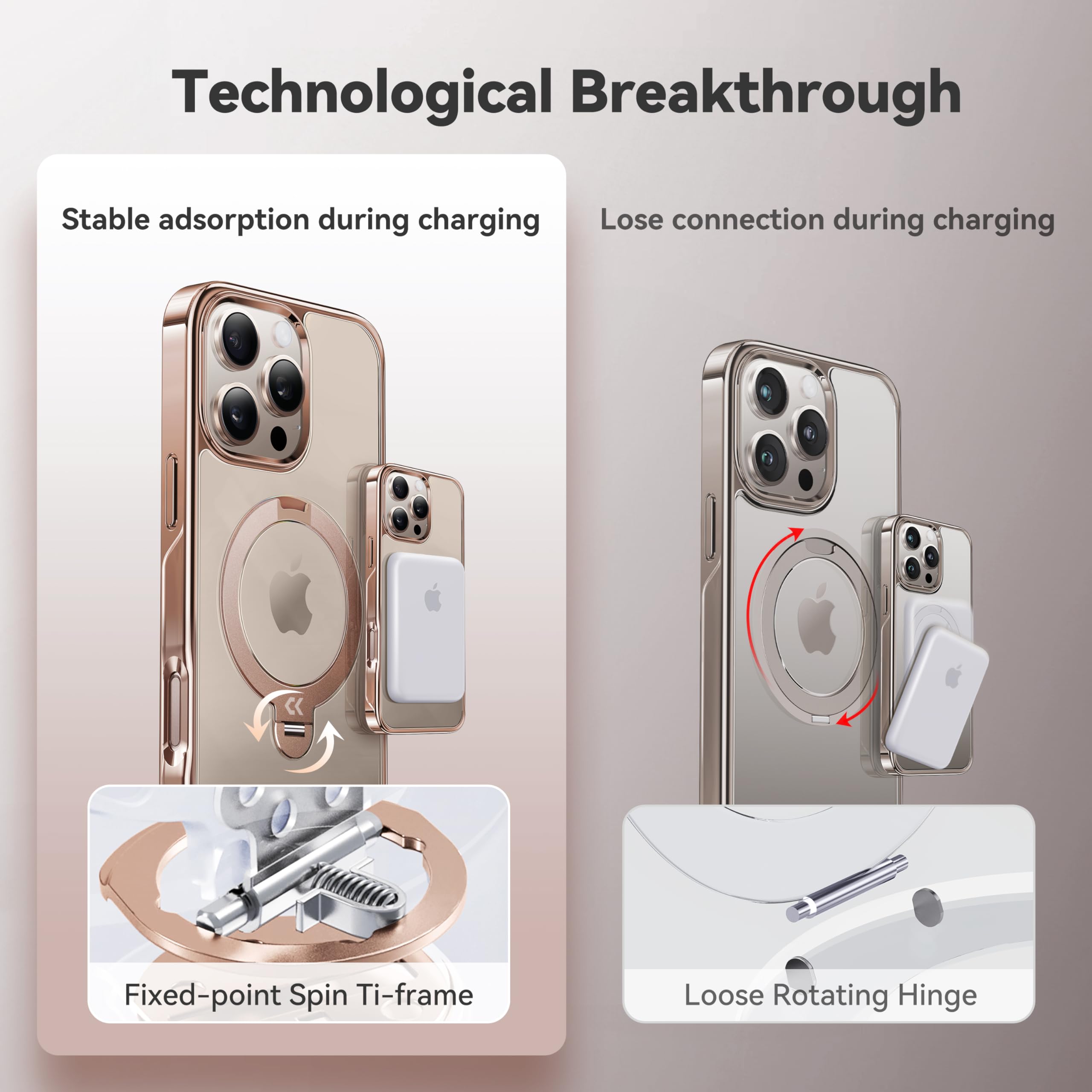 CASEKOO Titanium Magnetic Case for iPhone 16 Pro - 360° Rotating Stand | Magsafe Compatible | 16FT Military-Grade Protection | Clear Polished Finish with Rose Gold Kickstand (6.3
