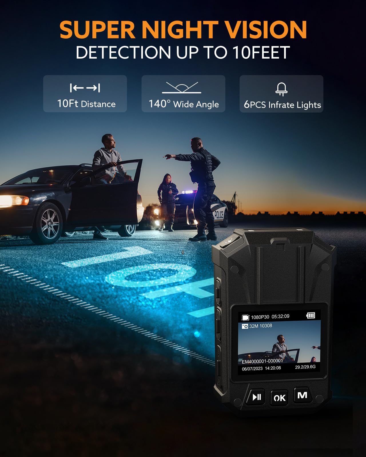 WD9 2K Body Worn Camera with 256GB Storage & GPS | 16-Hour Battery Life (3500mAh) | Waterproof Police Camera with LED Light & Remote Control | Perfect for Law Enforcement, Security Guards & Outdoor Activities