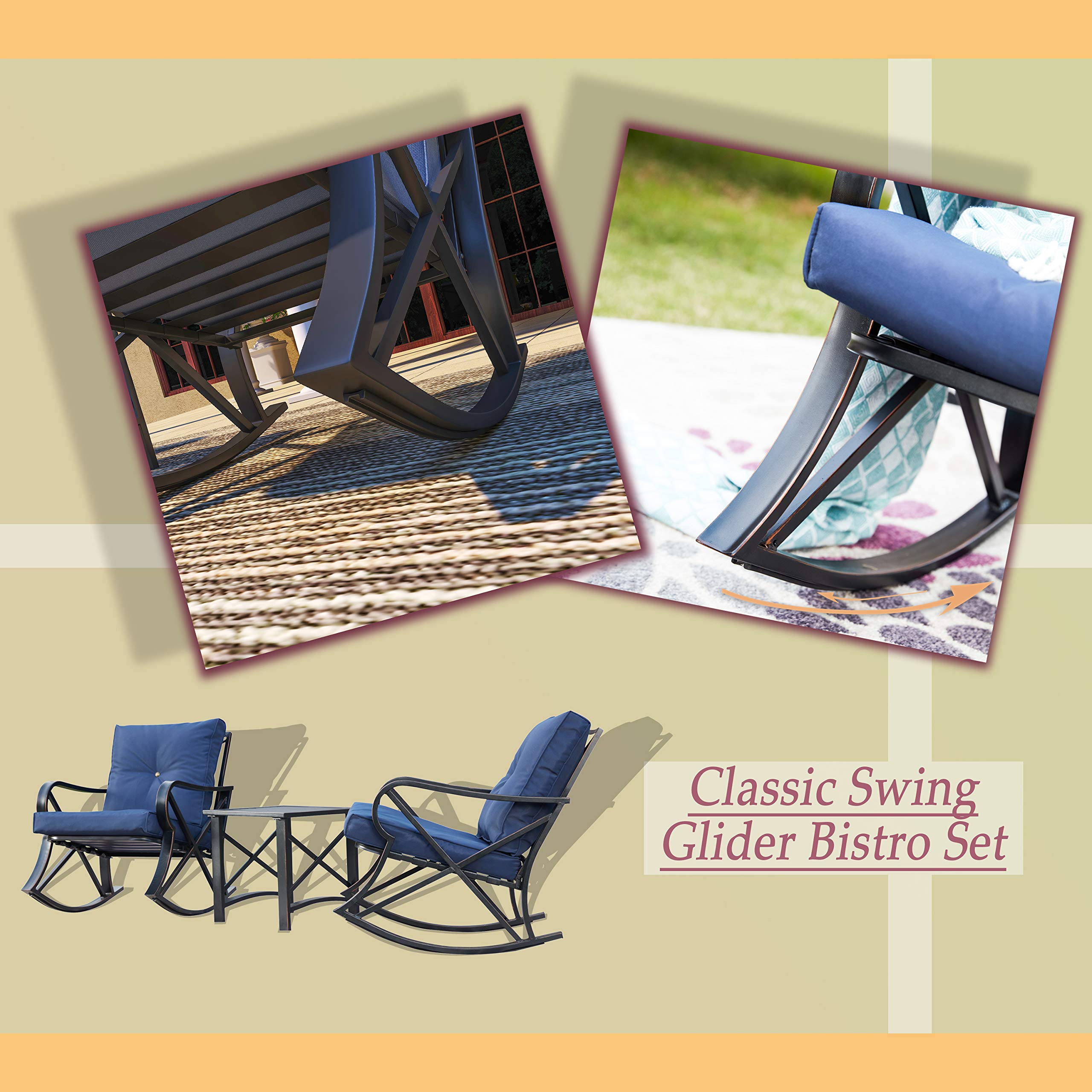 PatioFestival 3-Piece Outdoor Rocking Chair Bistro Set with Coffee Table & Thick Cushions - Metal Garden Furniture for Backyard, Lawn, Porch, Poolside (Blue) - Perfect for Relaxing, Entertaining & Outdoor Dining