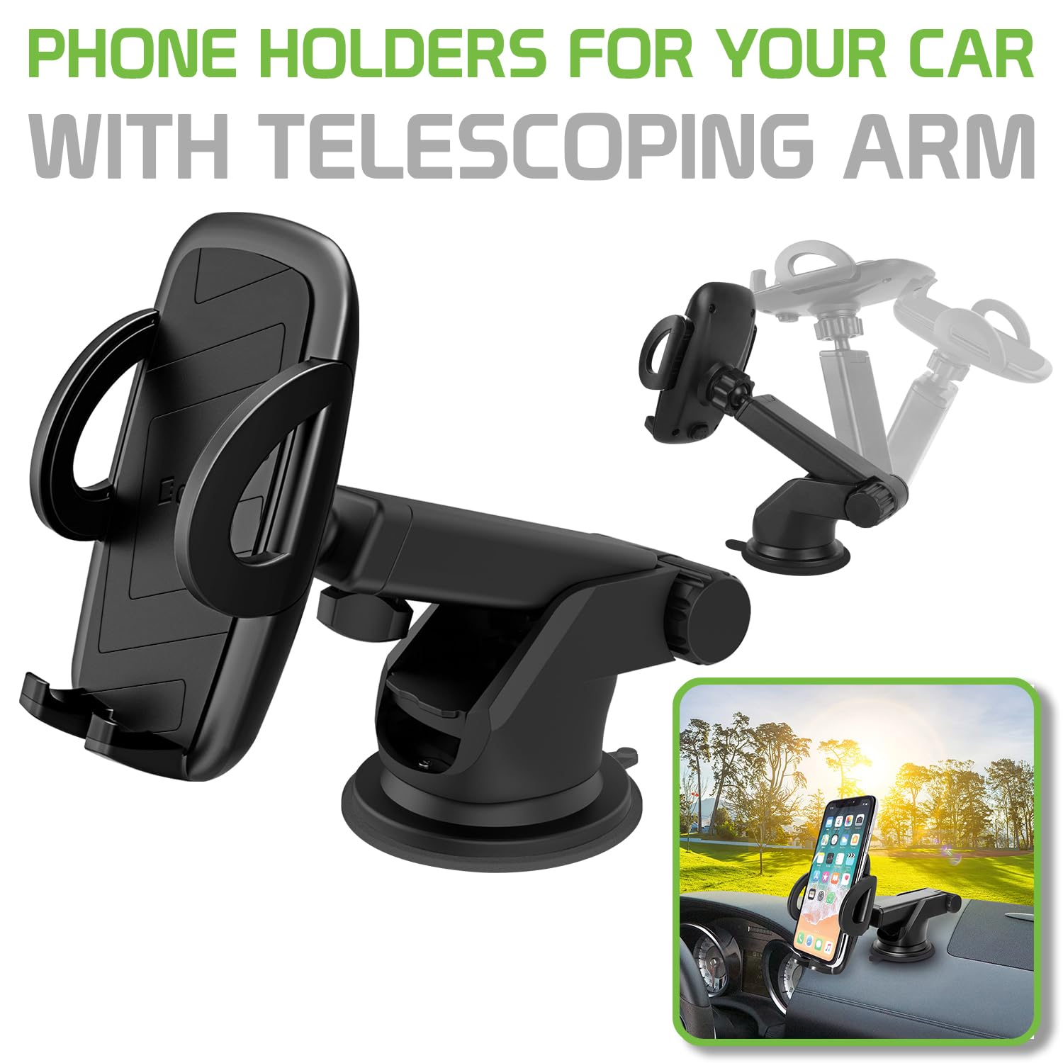 Adjustable Car Phone Holder for iPhone, Samsung, Pixel - Dashboard & Windshield Mount for Safe Driving