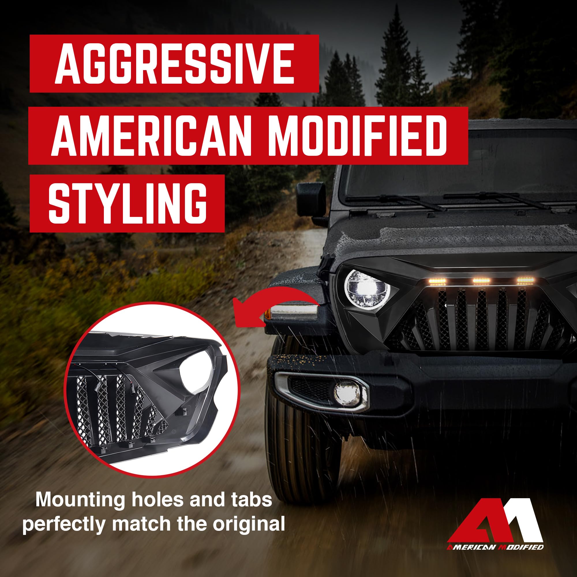 Jeep Goliath Grille with LED Amber Lights - Compatible with 2018+ Wrangler JL & 2020+ Gladiator JT (No TrailCam) - Matte Black | Off-Road Upgrade for Jeep Enthusiasts