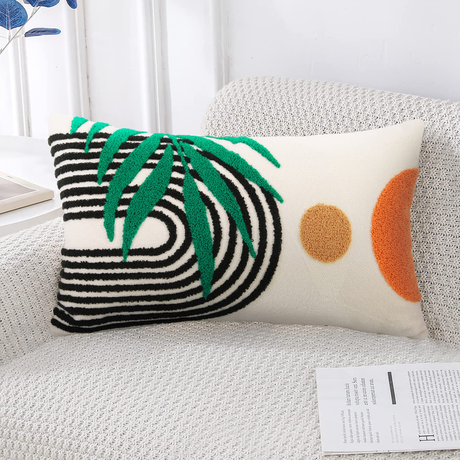 Boho Throw Pillow Covers 12x20 - Lumber Decorative Modern Pillowcase, Minimalist Tufted Cushion Cover for Couch, Bed, Sofa & Bedroom - 1 Piece Green and Orange - Perfect for Bohemian Home Decor & Cozy Living Room Accents