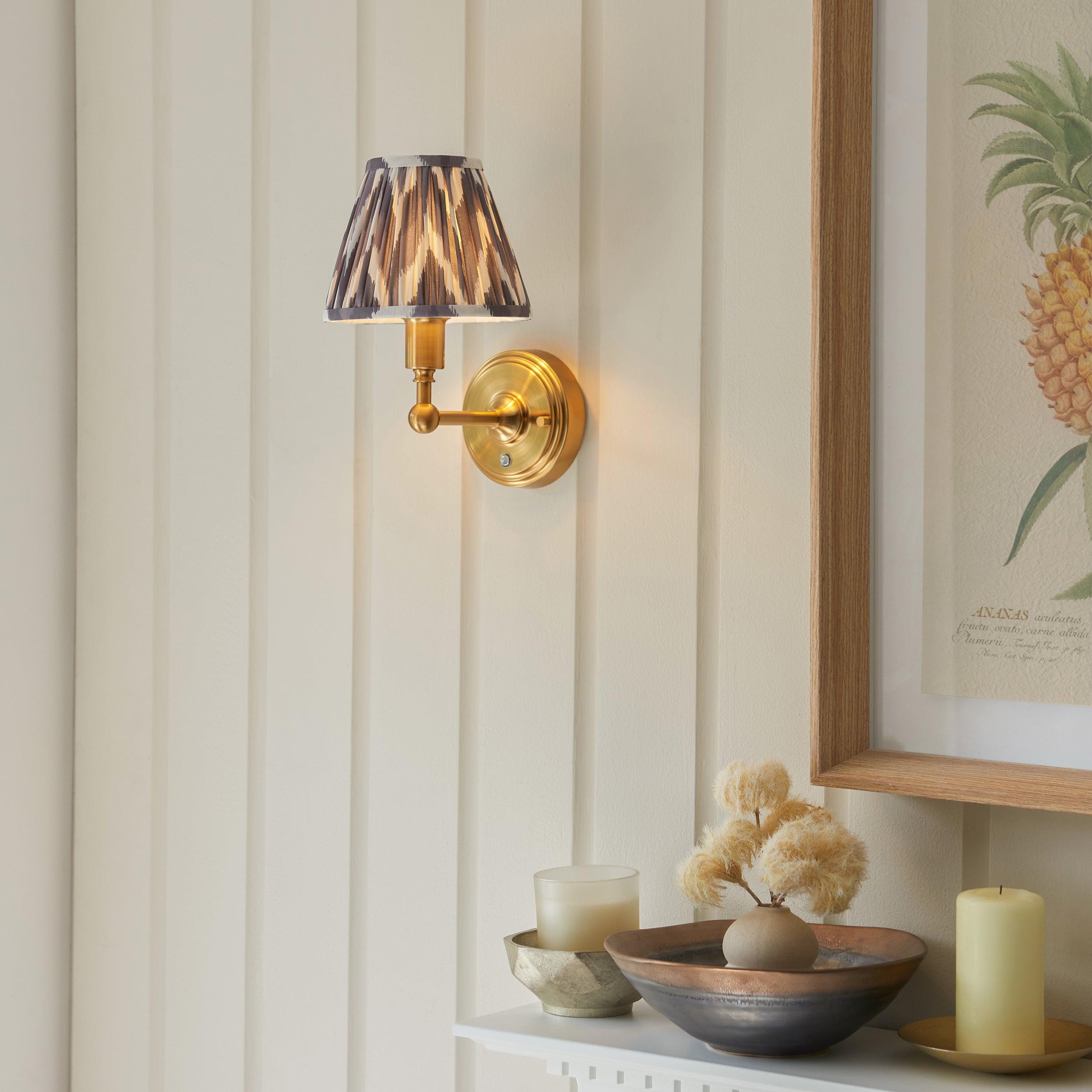 Burley Rechargeable Brass Wall Light with 16cm Zigzag Pearl Grey Shade - Perfect for Bedroom, Hallway & Outdoor Porch Lighting