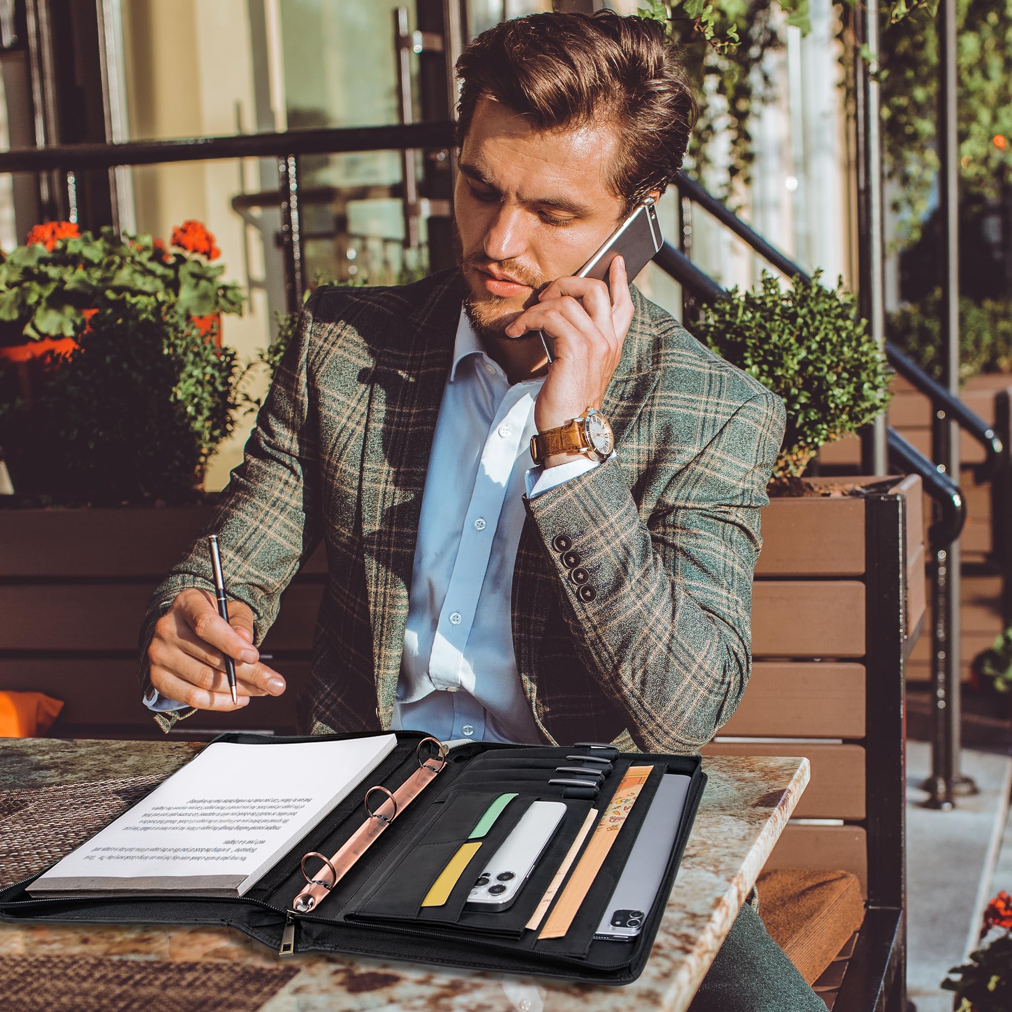 **Personalized Leather Portfolio for Men - Custom Engraved Name, Genuine Leather 3-Ring Binder Organizer with A4 Writing Pad - Handmade Business Gift for Professionals, Executives & Graduates (Black) - Perfect for Meetings, Presentations & Corporate Gifts**