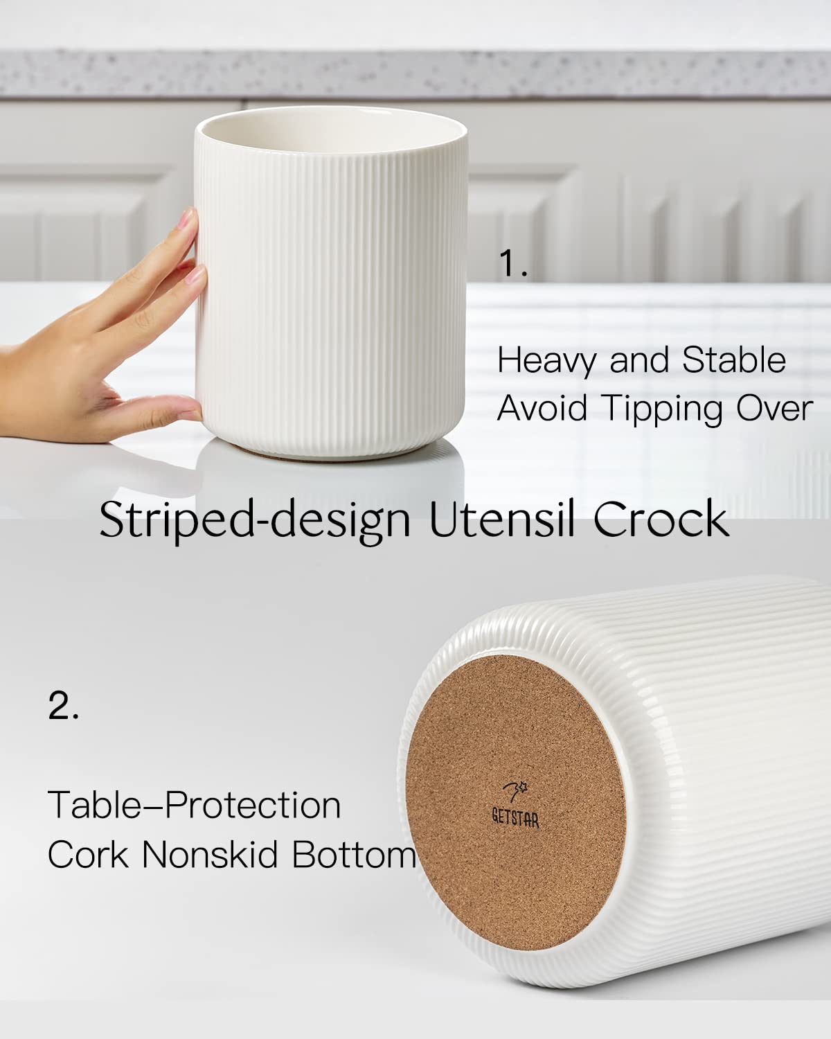 Getstar Large Ceramic Kitchen Utensil Holder with Cork Mat - 7.2