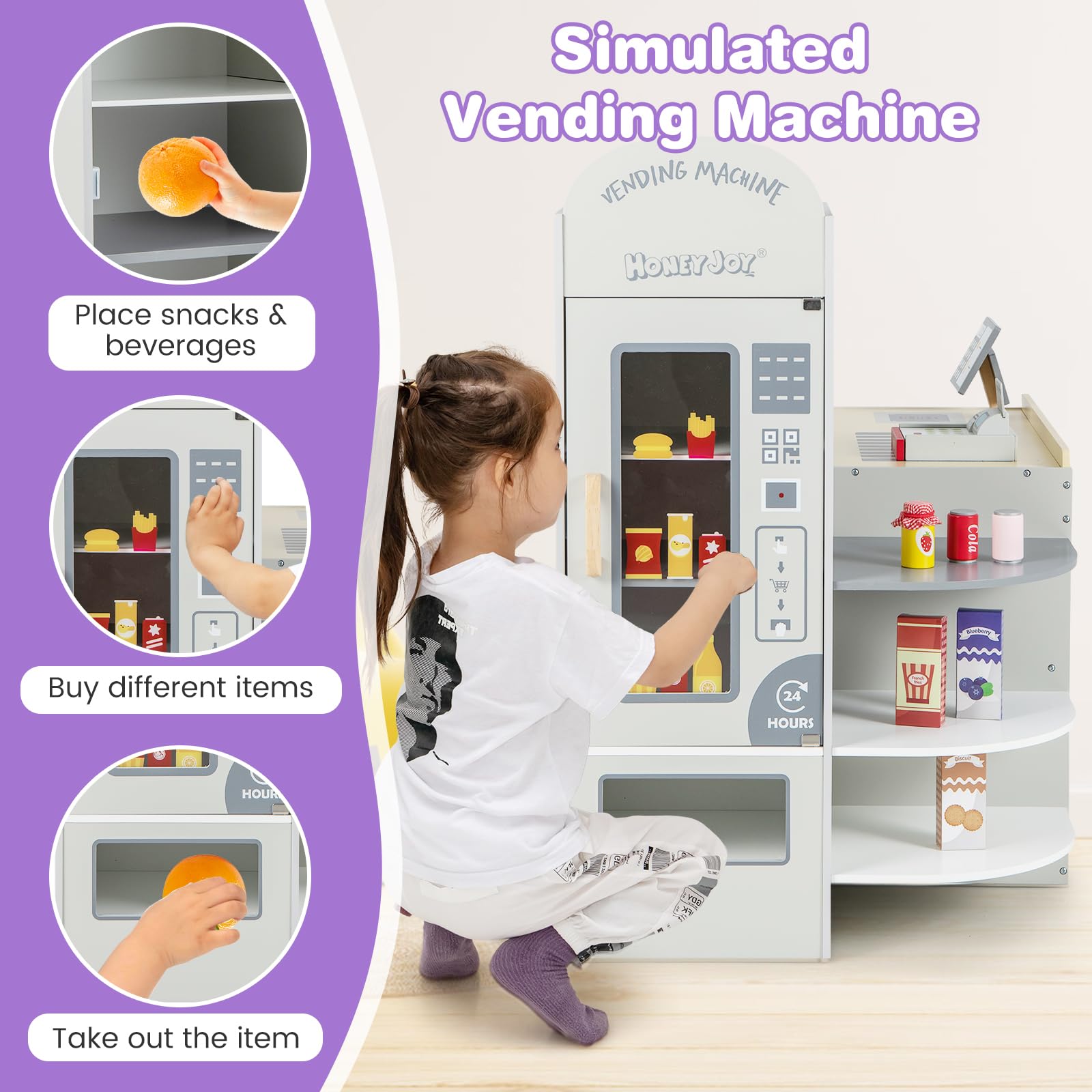 HONEY JOY Kids Grocery Store Playset - Wooden Supermarket Toy with Cash Register, Vending Machine & Checkout Counter - Pretend Play Set for Toddlers Boys & Girls (Gray) - Perfect for Role Play, Early Learning & Social Skills Development