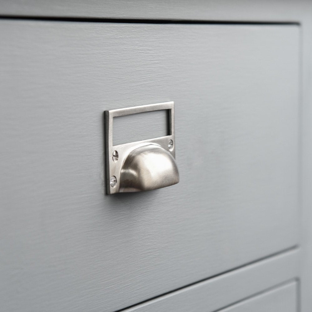 Satin Nickel Drawer Pulls with Card Frame - Elegant Hooded Cabinet Handles for Kitchen, Bathroom & Office Furniture - Easy Installation & Durable Finish