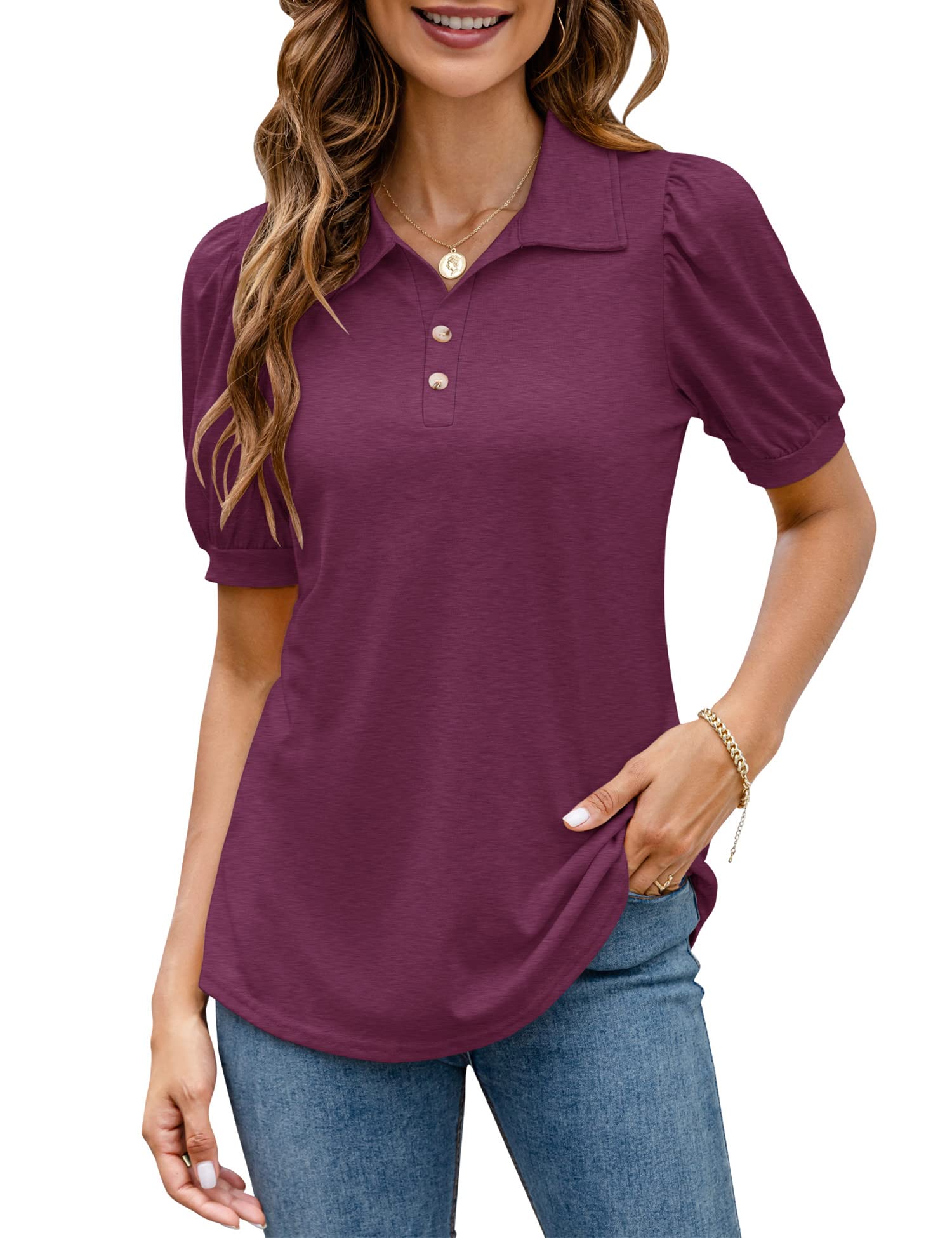 LOMON Women's Casual Polo Shirts - Button Down Collar Short Sleeve V-Neck Blouse for Summer | Comfortable Loose Fit Tops for Work, Golf, and Everyday Wear
