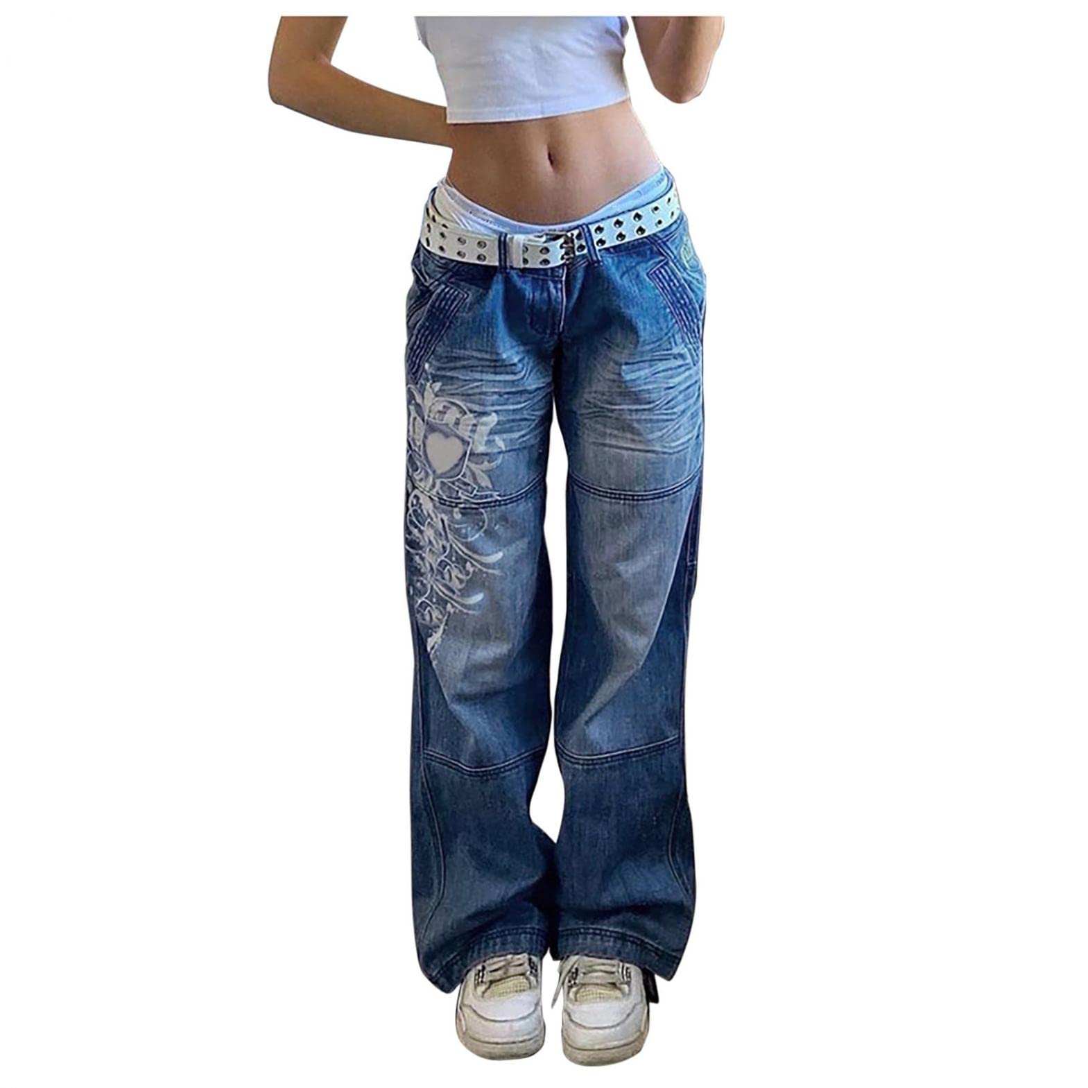 FUNEY Women's Wide Leg Cargo Pants - Gothic Loose Low Waist Trousers - Punk 90s Vintage Printed Jeans - Harajuku Streetwear - Perfect for Casual Wear, Music Festivals & Urban Fashion