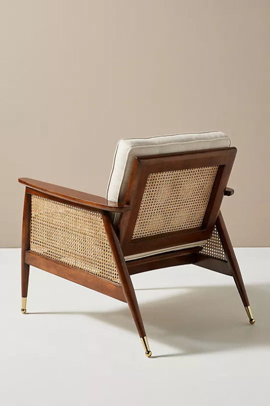 Nadia Caned Accent Chair with Brass Caped Design - Mid-Century Modern Rattan Lounge Chair for Living Room, Bedroom & Office Decor