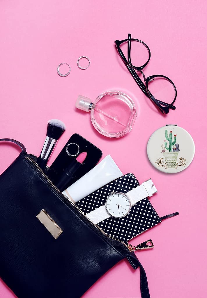 EXCADRILL Portable Folding Pu Leather Makeup Mirror with Magnification | Round Travel Vanity Mirror for Women | Perfect for Purse, Travel & Home Makeup Application