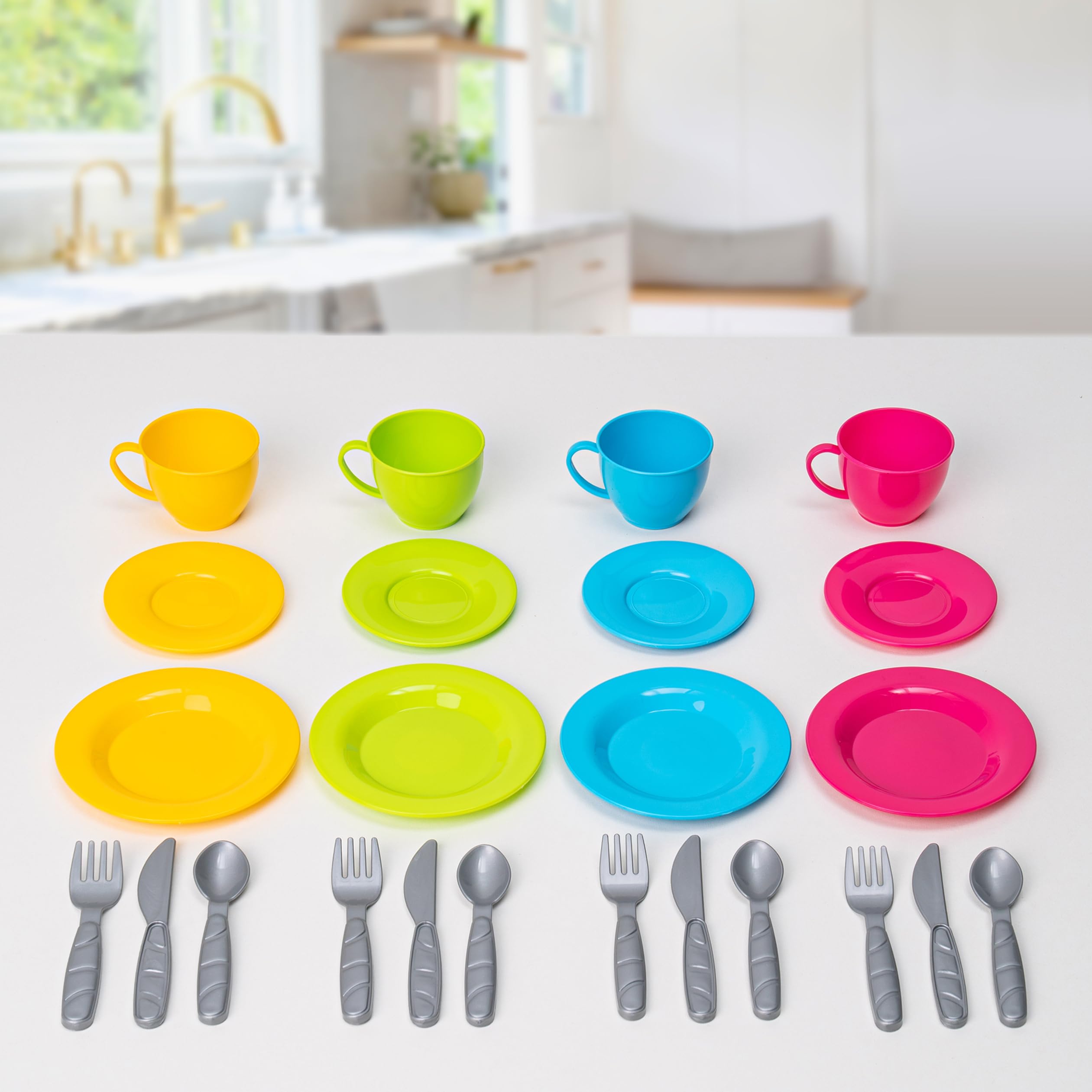 Colorful 33-Piece Kids Pretend Play Kitchen Dishes Set with Drainer - Durable Toy Cookware & Tableware for Toddlers | Perfect for Role Play, Tea Parties & Learning Fun (Pink)