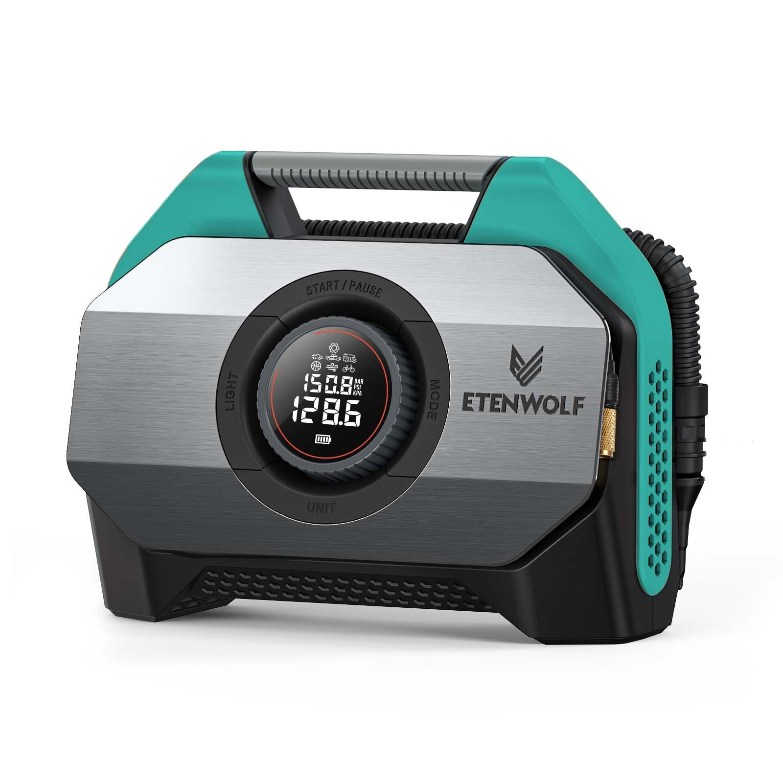 ETENWOLF VORTEX S6 Heavy-Duty Cordless Tire Inflator - 19200mAh Portable Air Compressor for Cars, Trucks, Bikes & Inflatables | Dual Cylinder Fast Inflation | 100% Duty Cycle | Dark Cyan | Perfect for Road Trips, Camping & Emergency Tire Repair