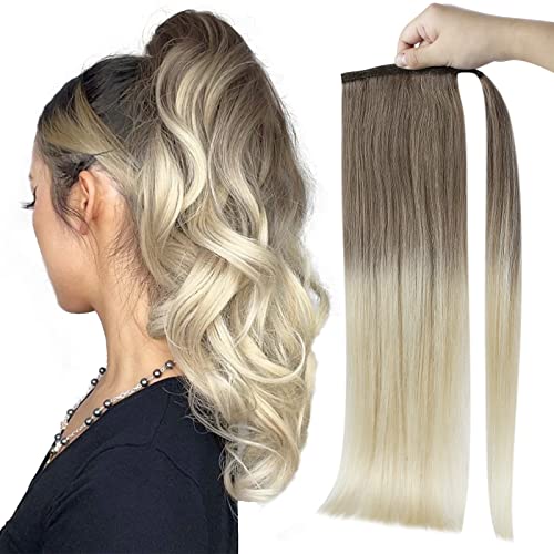 Full Shine Human Hair Ponytail Extensions 18 Inch 80G - Ash Brown to Platinum Blonde Balayage Straight Hair Extensions for Women | Perfect for Parties, Weddings & Everyday Styling