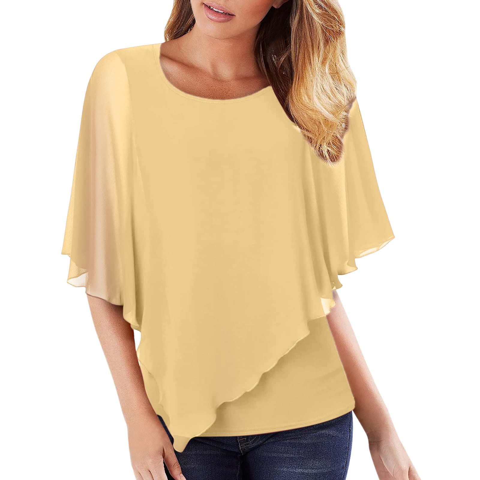 MABSBZX Women's Flowy Chiffon Batwing Short Sleeve Crop Top with Shawl Collar - Loose O-Neck Solid Vest Blouse (Beige, Small) | Perfect for Summer Outfits, Beach Cover-ups & Boho Fashion