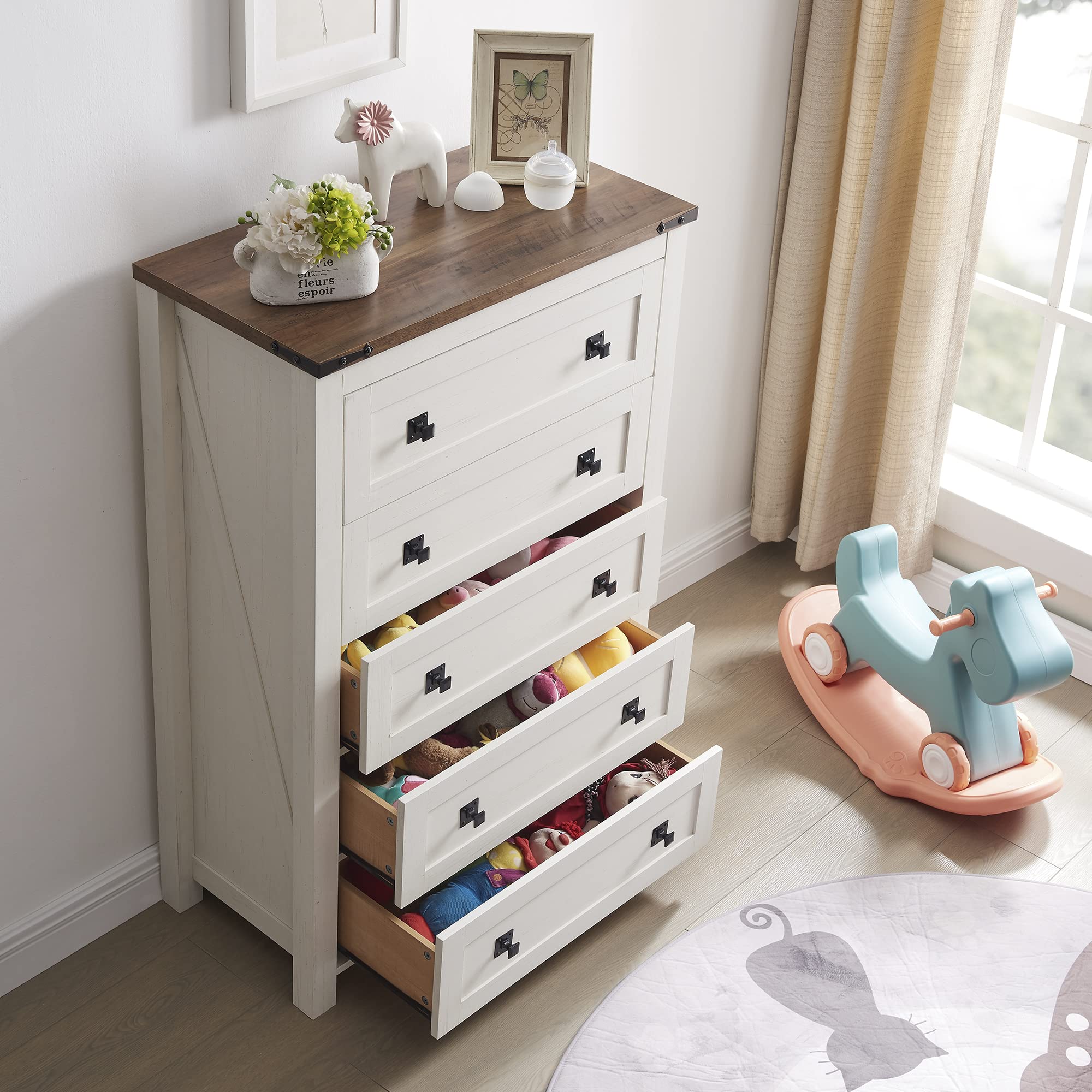 T4TREAM Farmhouse 5-Drawer Dresser Chest - Rustic Wood Tall Chest of Drawers for Bedroom Storage - Antique White Dresser Organizer for Bedroom, Living Room & Hallway - Perfect for Home Decor, Guest Rooms & Closet Organization