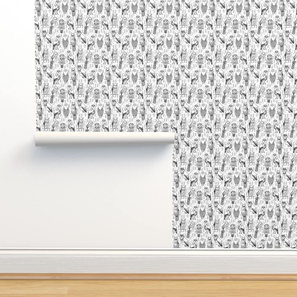 Removable Wallpaper Swatch - Black & White Owl Illustration | Pre-Pasted Nursery Wallpaper | Custom Bird-Themed Decor by Spoonflower | Perfect for Kids' Rooms, Nursery Accent Walls & Home Decor