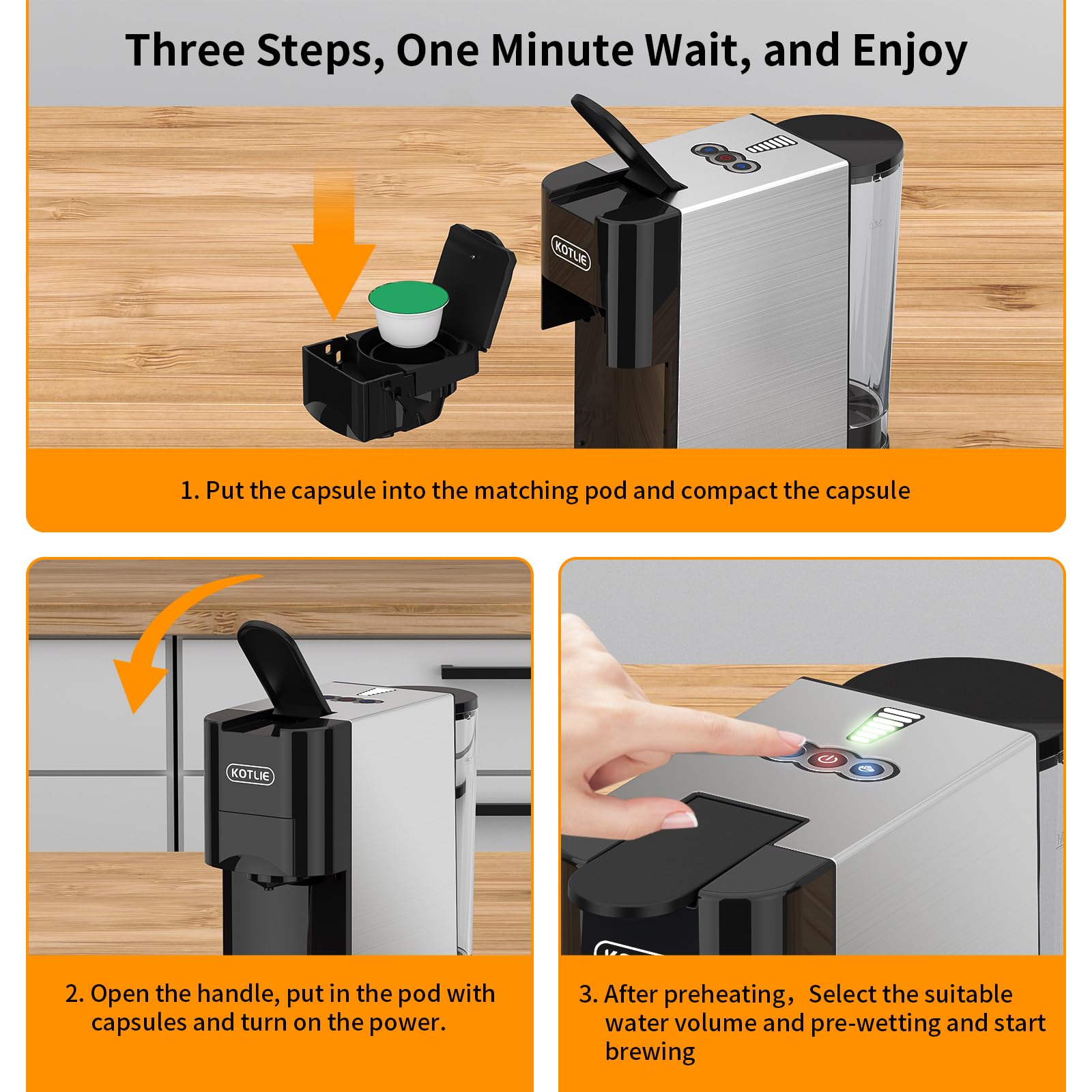 KOTLIE 19Bar High Pressure Single Serve Coffee Maker - 5-in-1 Multifunction Machine Compatible with NES* Original/Dolce Gusto/K-Cup/Ground Coffee/illy 44mm ESE Pods | Hot & Cold Brew | 7 Water Levels (AC-513HF) | Perfect for Home, Office or Small Business Use