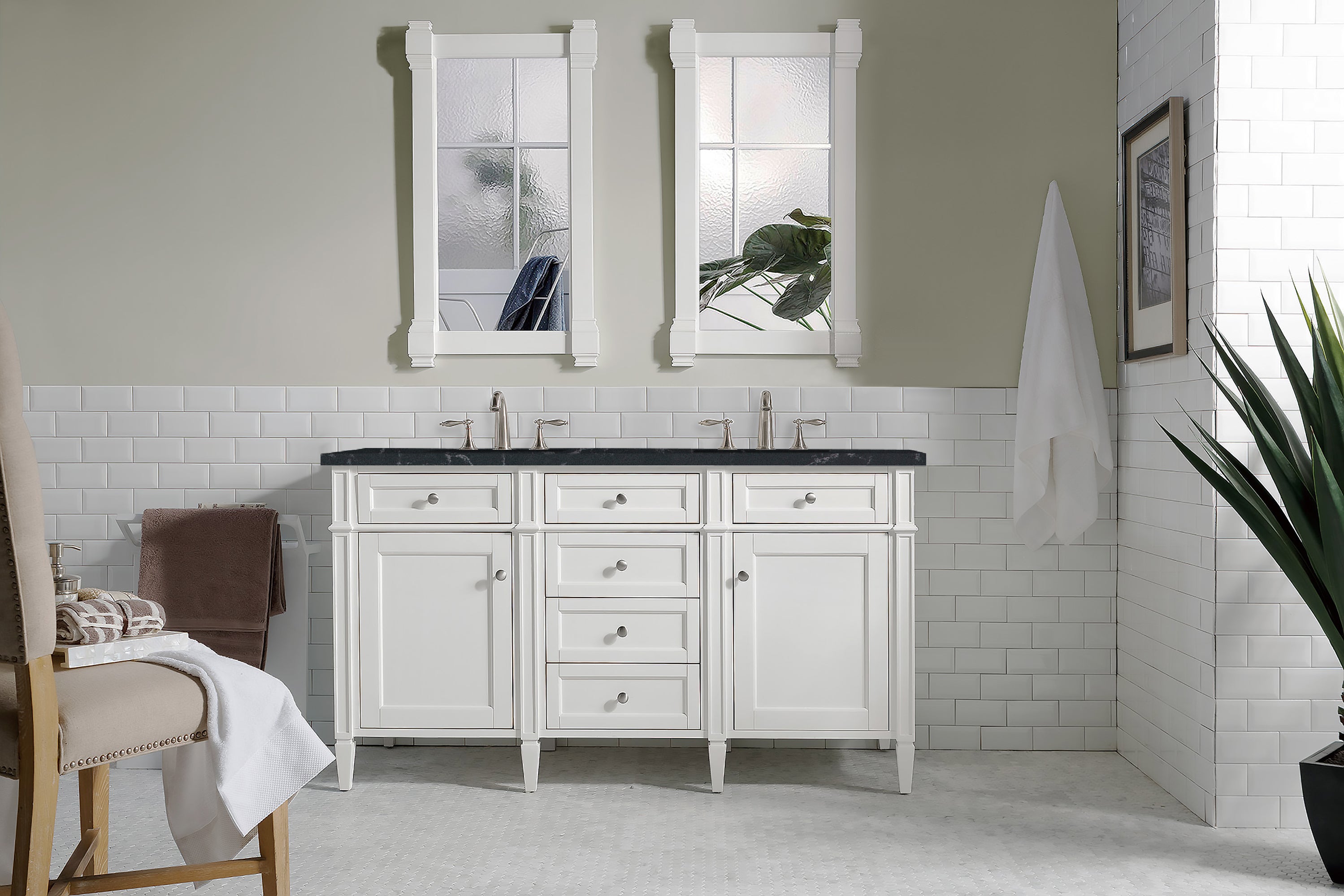 Brittany 60-Inch Bright White Double Bathroom Vanity with 3CM Charcoal Soapstone Quartz Countertop - Perfect for Master Bathroom Renovation and Modern Home Decor