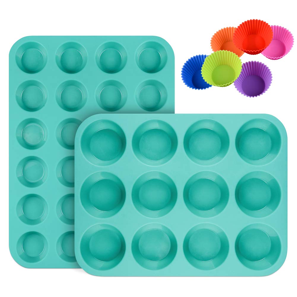 CAKETIME 24-Cup Mini & 12-Cup Regular Silicone Muffin Pan Set - Nonstick Food Grade Cupcake Baking Mold with 12 Bonus Silicone Liners - Perfect for Muffins, Cupcakes & Party Desserts