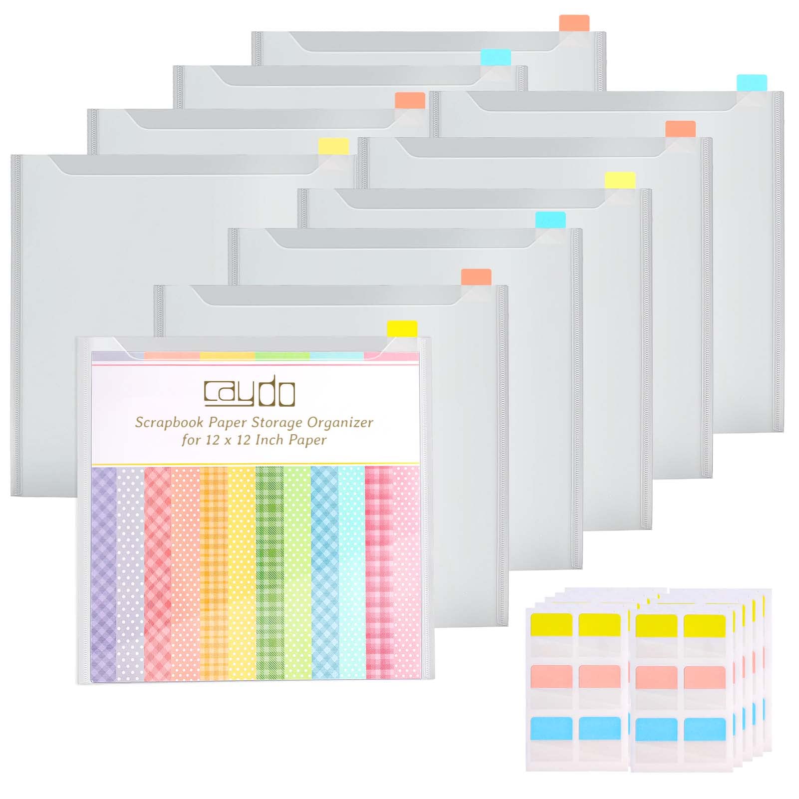 Caydo 10-Pack Scrapbook Paper Storage Organizer with 60 Sticky Index Tabs - Plastic Bags for 12x12 Inch Cardstock, Vinyl & Paper Files - Perfect for Crafting, Scrapbooking & Document Organization