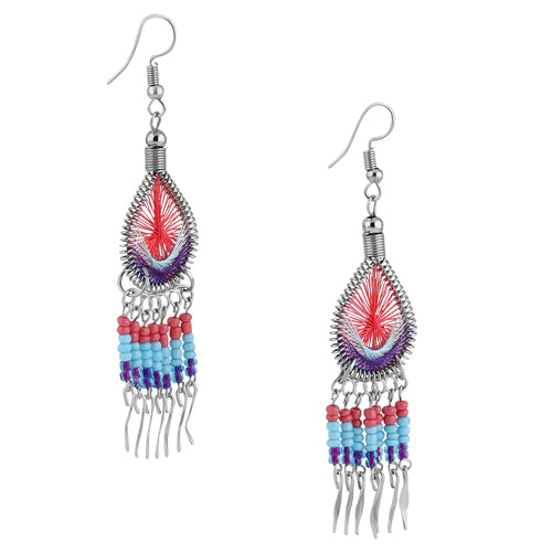 Handmade Peruvian Beaded Dangle Earrings - Stainless Steel Multi-Color Silk Thread Jewelry for Women | Boho Chic Accessories for Parties, Weddings & Everyday Wear