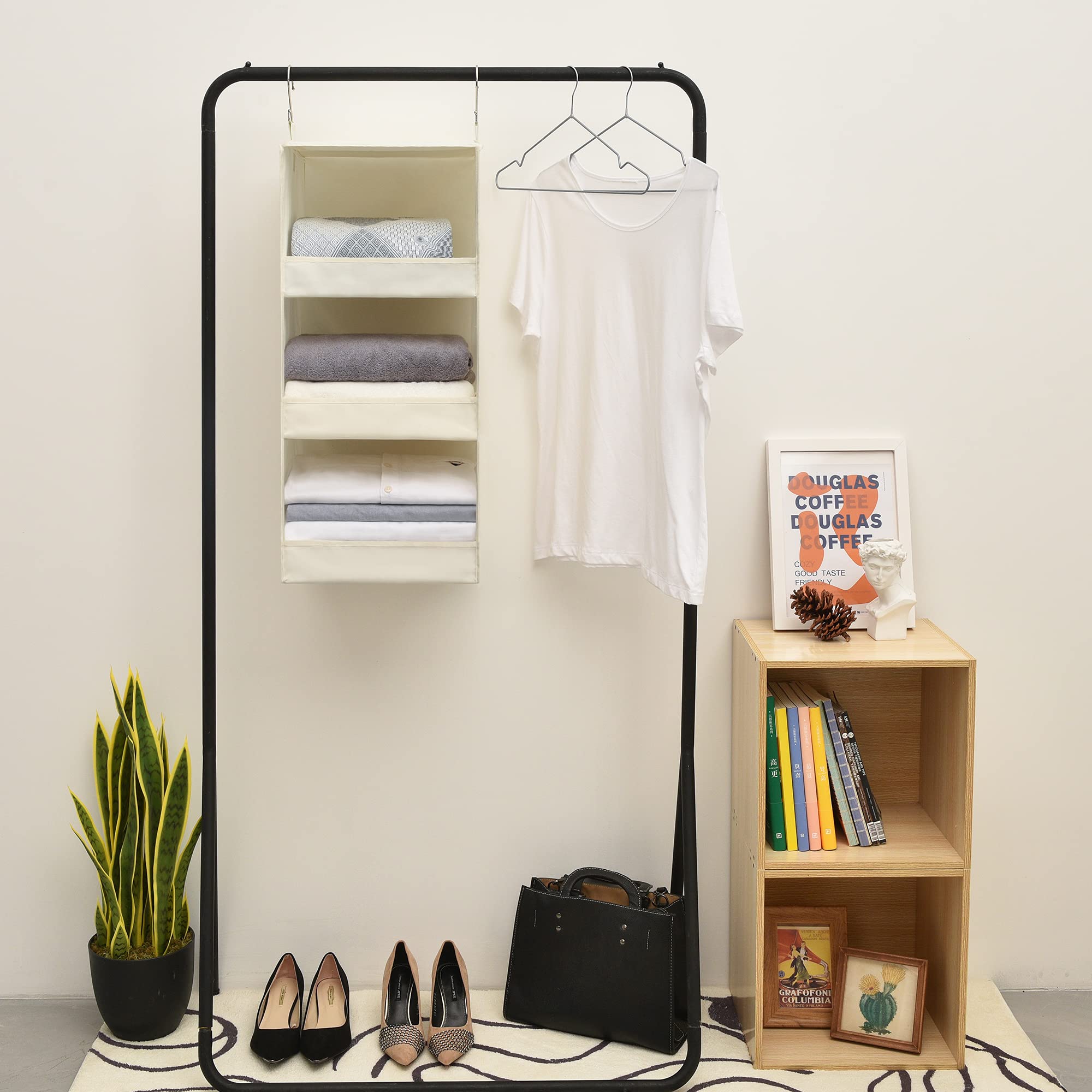Foldable 3-Tier Hanging Closet Organizer - Space Saving Storage Shelves for Wardrobe, RV & Small Spaces - Beige Fabric Shelving Unit (29.5