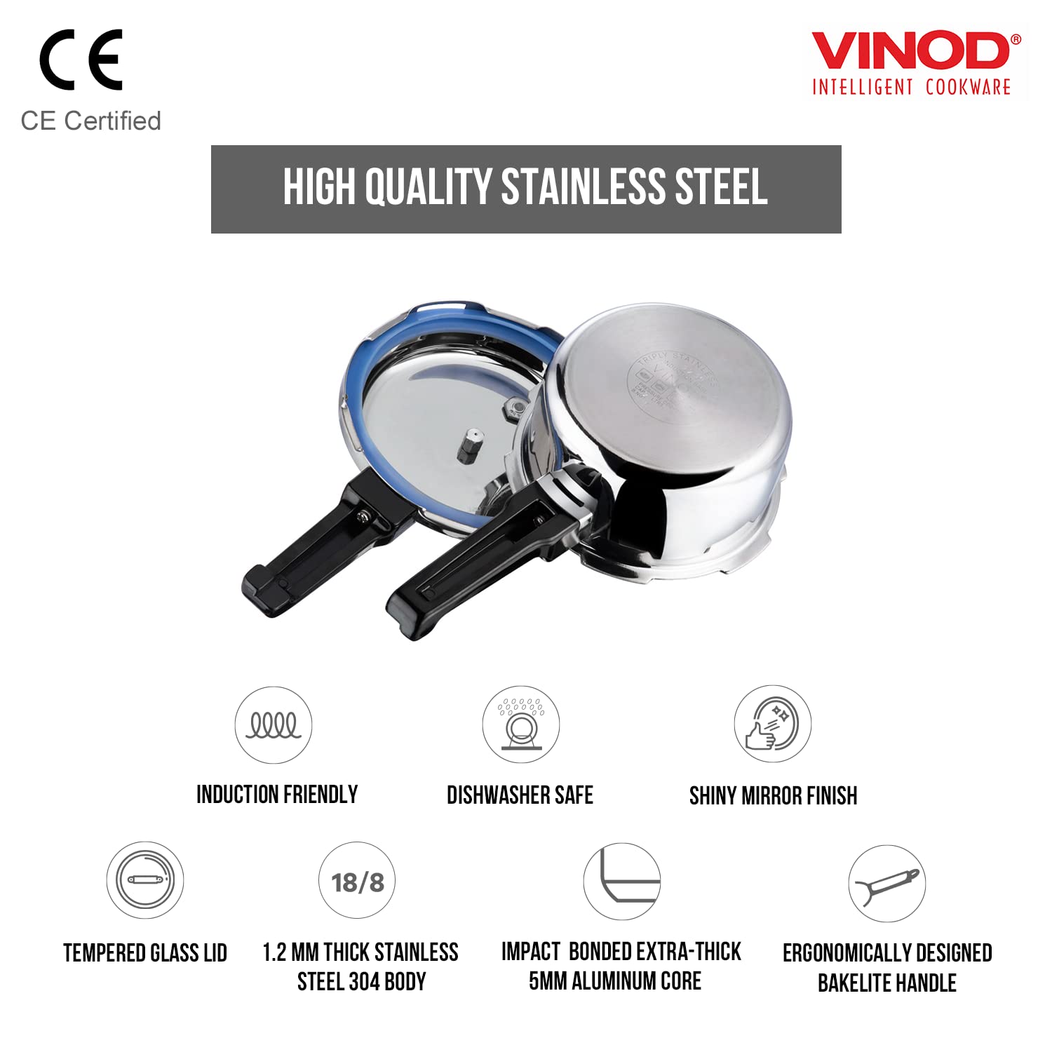 Vinod Stainless Steel 2-Liter Pressure Cooker with Outer Lid - Induction Base & Sandwich Bottom - Perfect for Indian Cooking, Soups, Rice, and Quinoa - Ideal for Home Kitchens & Healthy Meal Prep