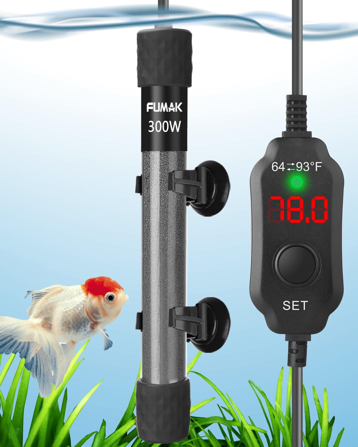 300W Adjustable Submersible Aquarium Heater with LED Digital Display Thermostat - Super Short Fish Tank Heater for 40-60 Gallon Tanks | Perfect for Tropical Fish, Saltwater & Freshwater Aquariums, Home or Office Decor