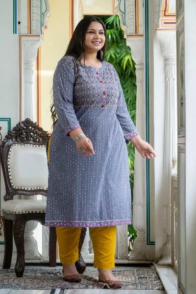 Plus Size Grey & Pink Cotton Straight Kurti for Women - Comfortable Casual & Party Wear Indian Tunic Top for Everyday Fashion