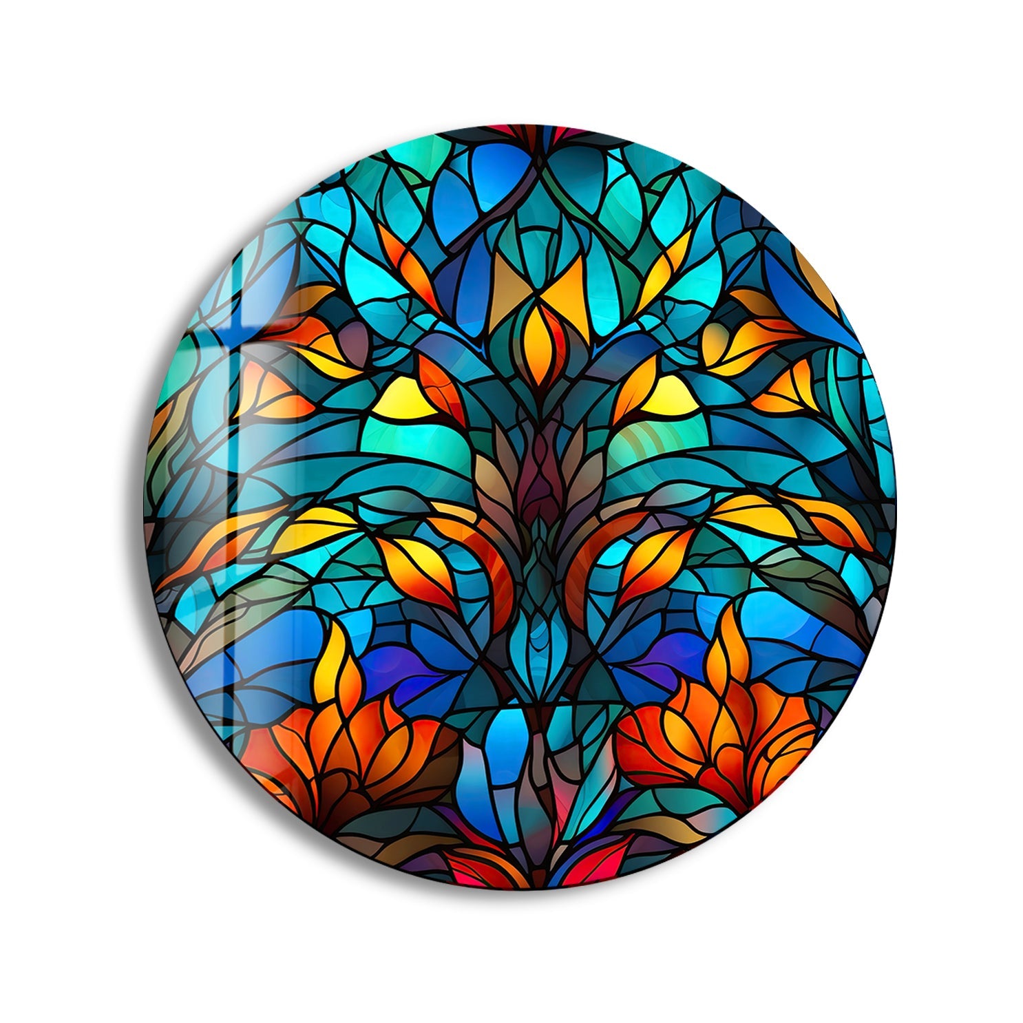 Blue Stained Glass Round Tree Wall Art - Handmade Home Decor for Living Room, Bedroom & Office
