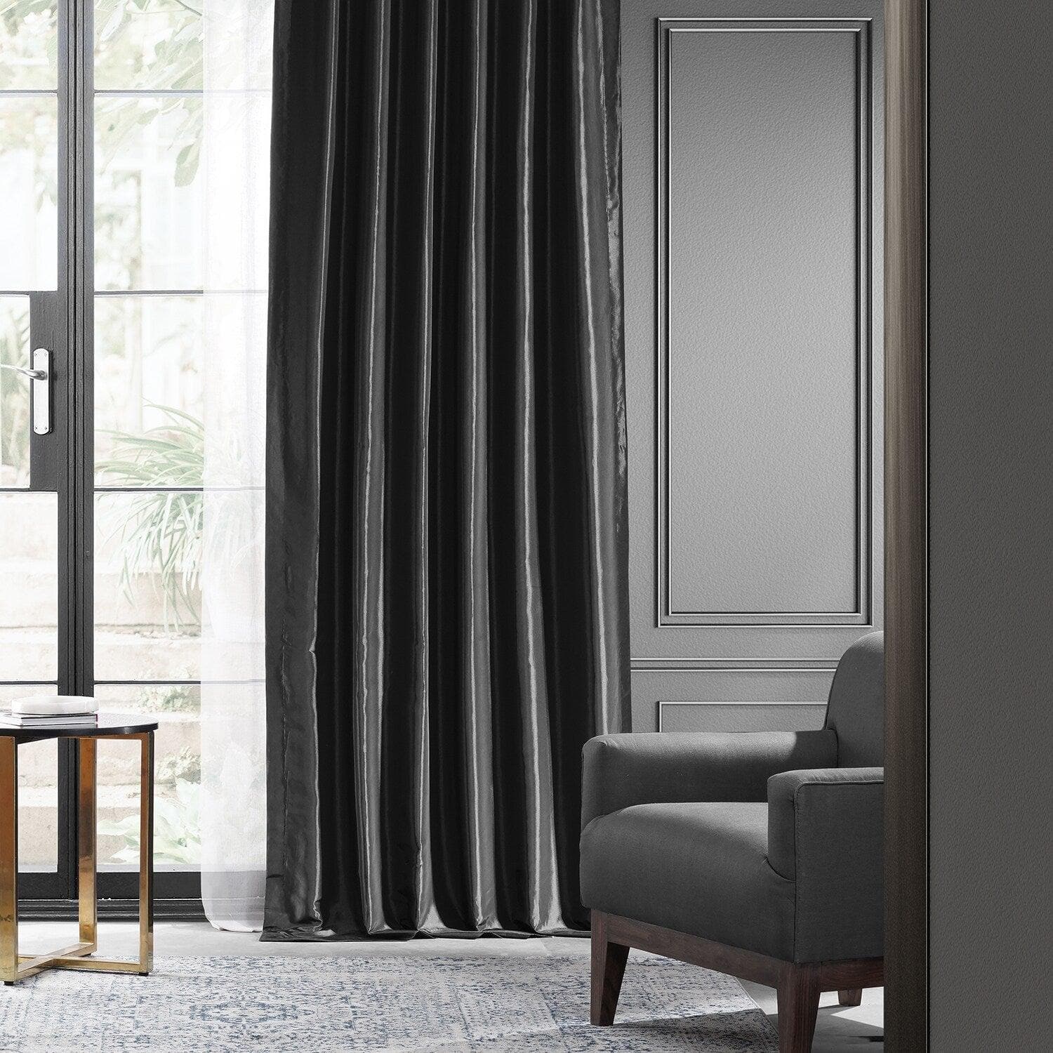 Jet Black Faux Silk Taffeta Blackout Curtains - Thermal Insulated Room Darkening Drapes for Bedroom, Living Room & Home Theater (Set of 2 Panels)
